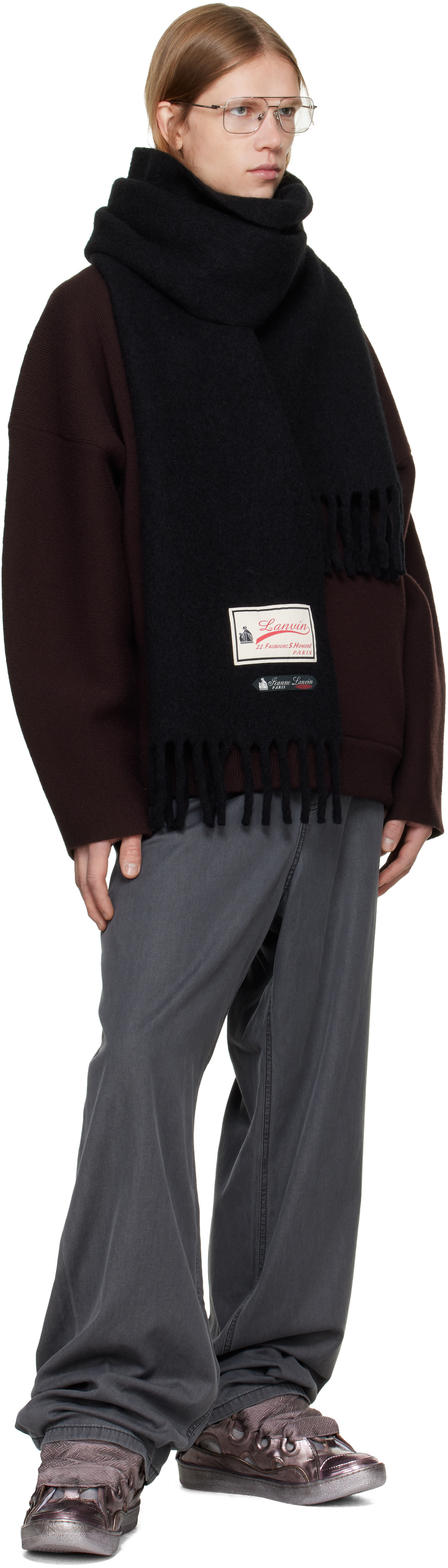 Lanvin: Black Fluffy '22 Faubourg' Label Scarf | SSENSE