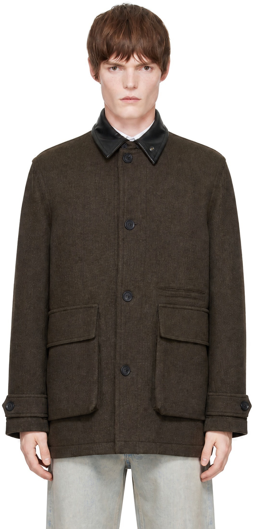 COOR - Brown Trimming Leather Patchwork Coat