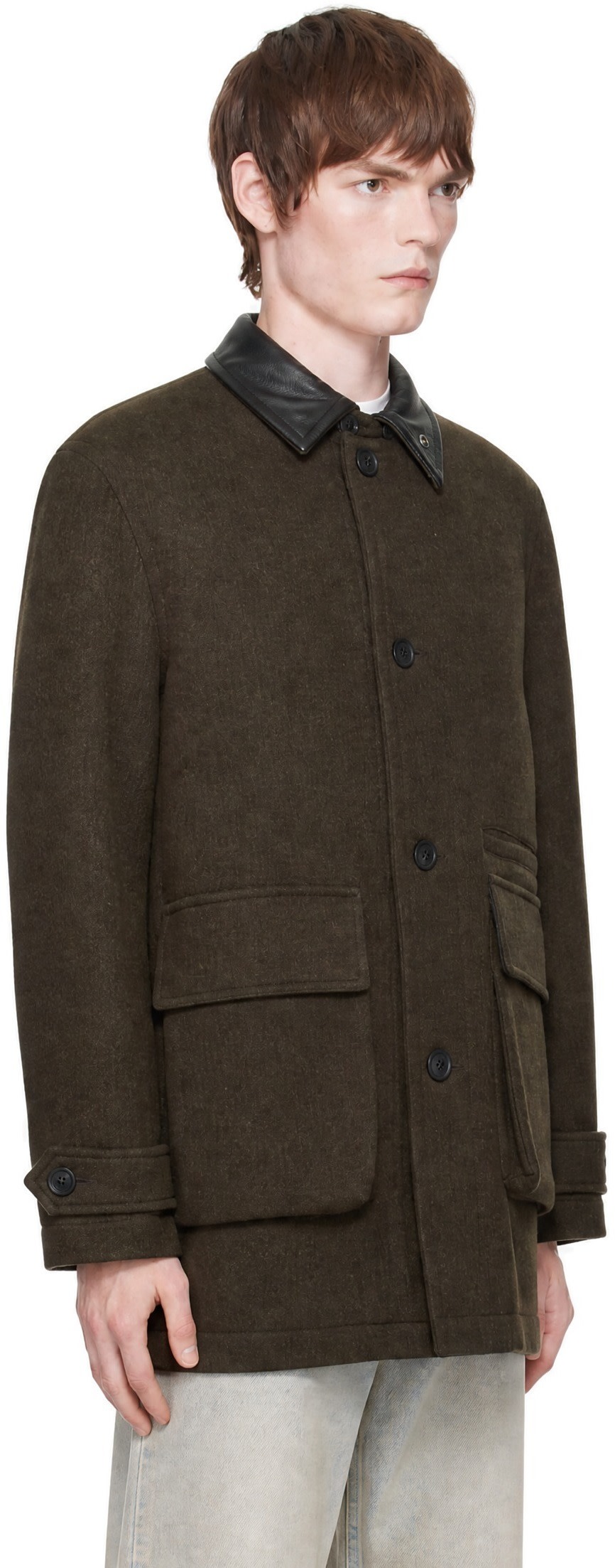 COOR - Brown Trimming Leather Patchwork Coat