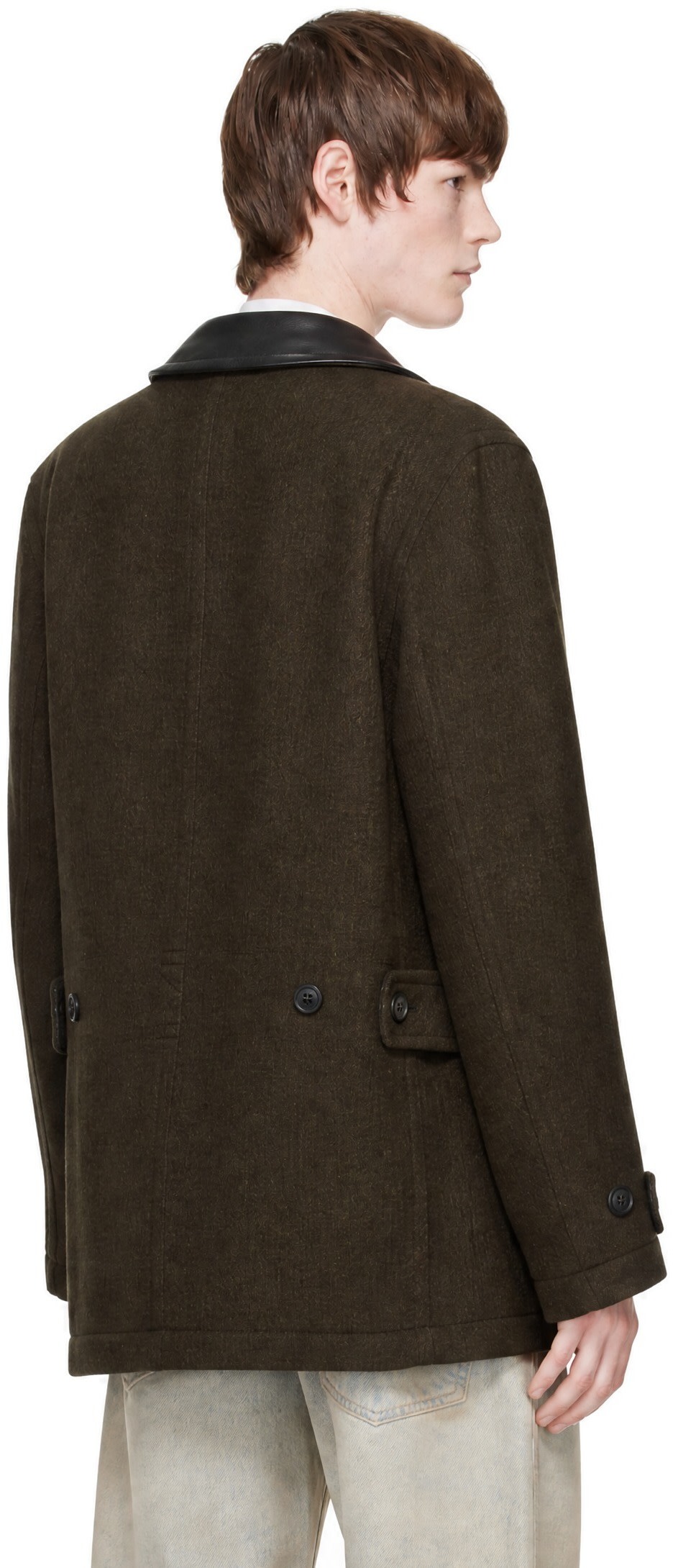 COOR - Brown Trimming Leather Patchwork Coat