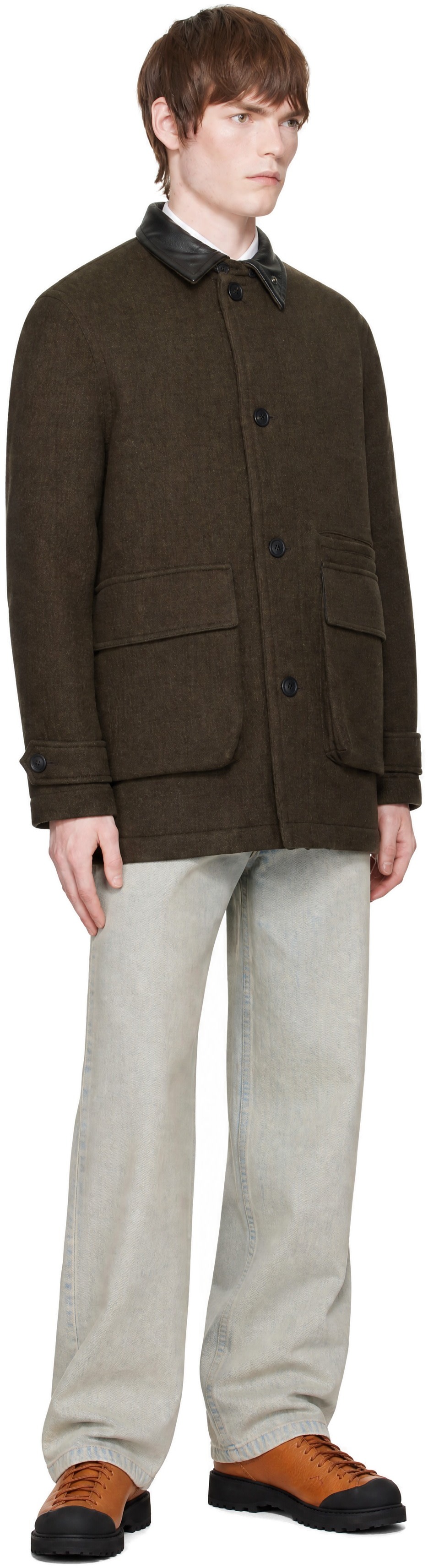 COOR - Brown Trimming Leather Patchwork Coat