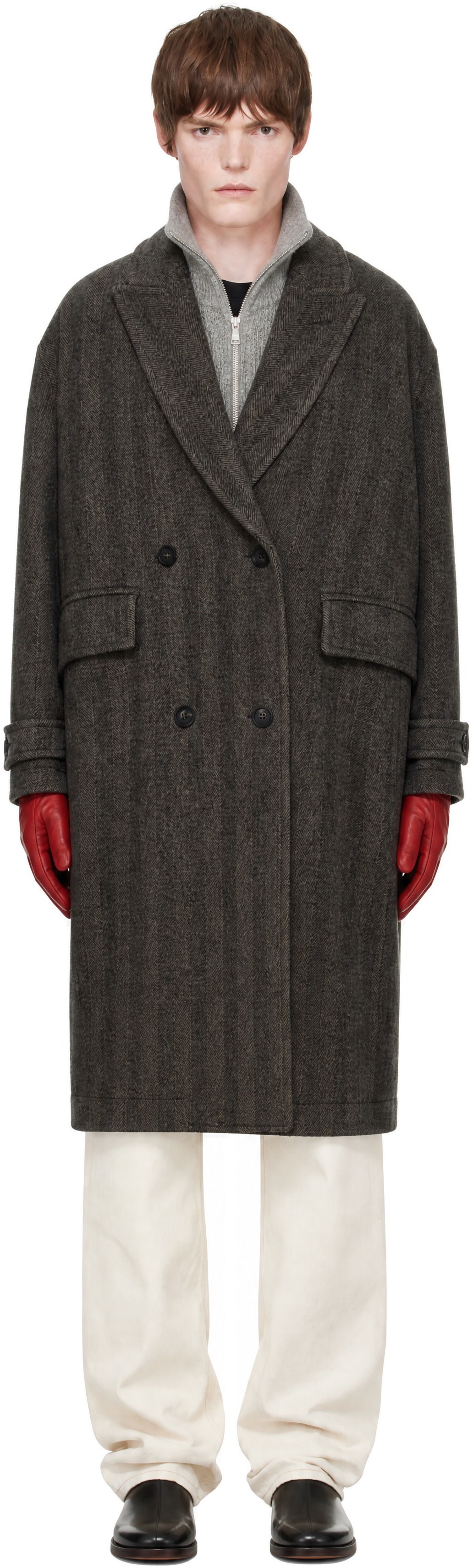 COOR - Brown Classy Herringbone Twill Heavy Coat