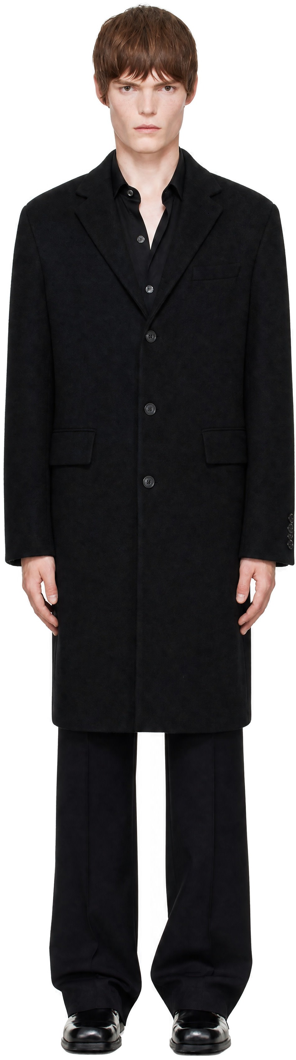 COOR: Black Corduroy Trim Hairy Chesterfield Coat | SSENSE