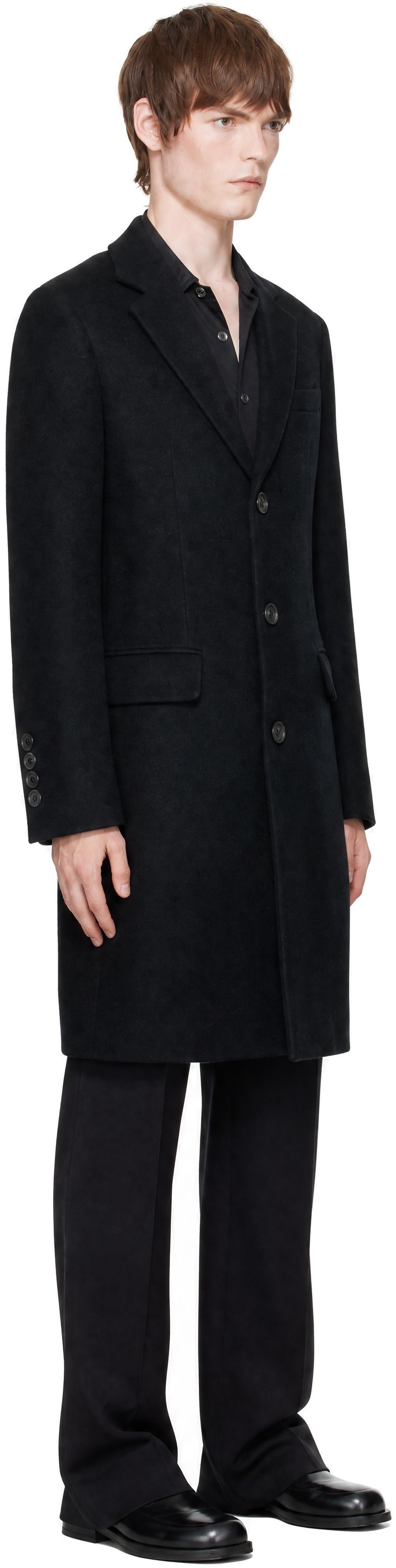 COOR: Black Corduroy Trim Hairy Chesterfield Coat | SSENSE