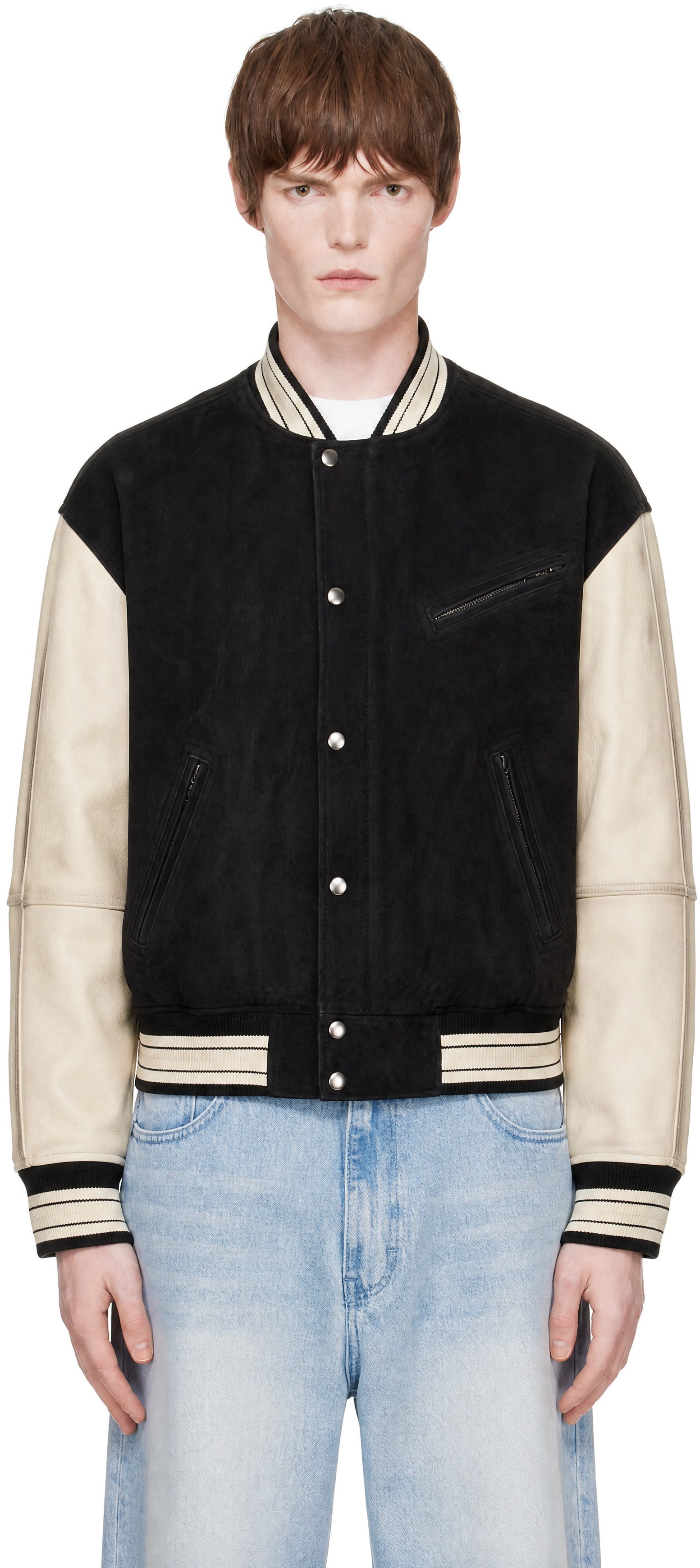 COOR - Black & Off-White Mixed Leather Varsity Jacket
