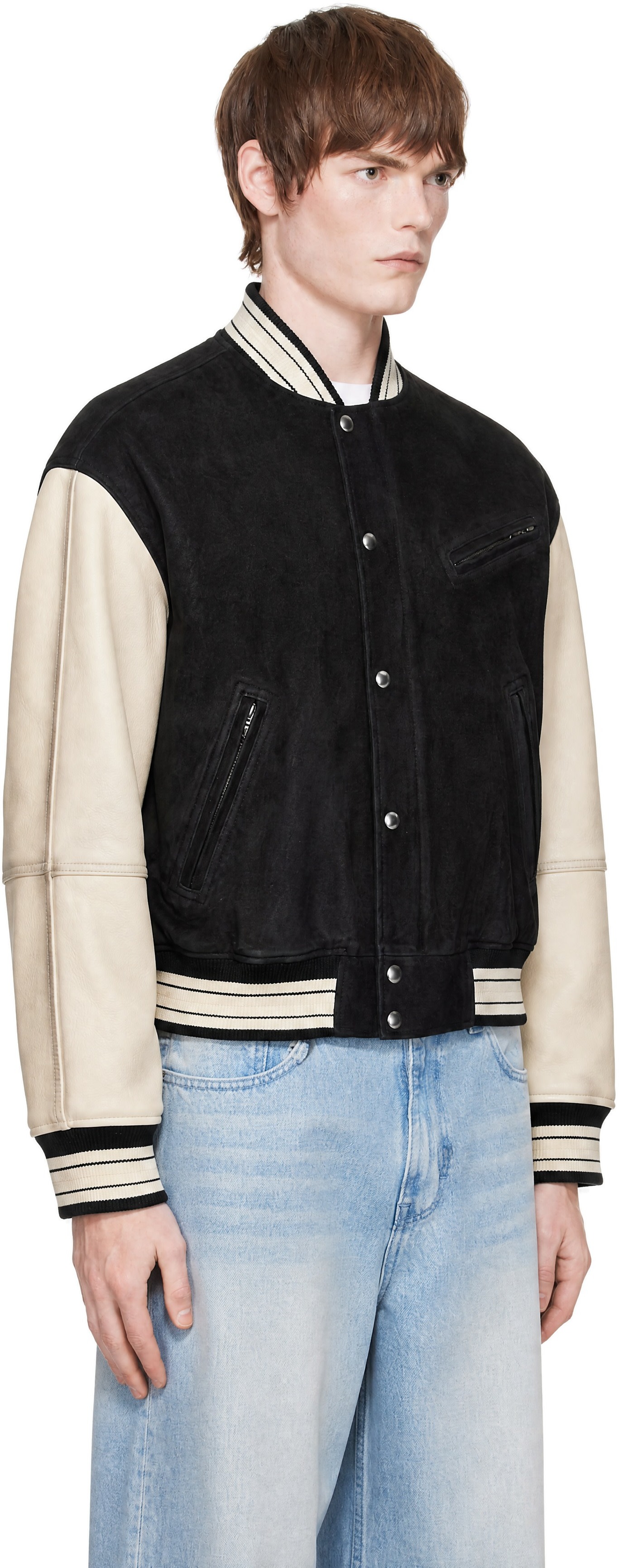 COOR - Black & Off-White Mixed Leather Varsity Jacket