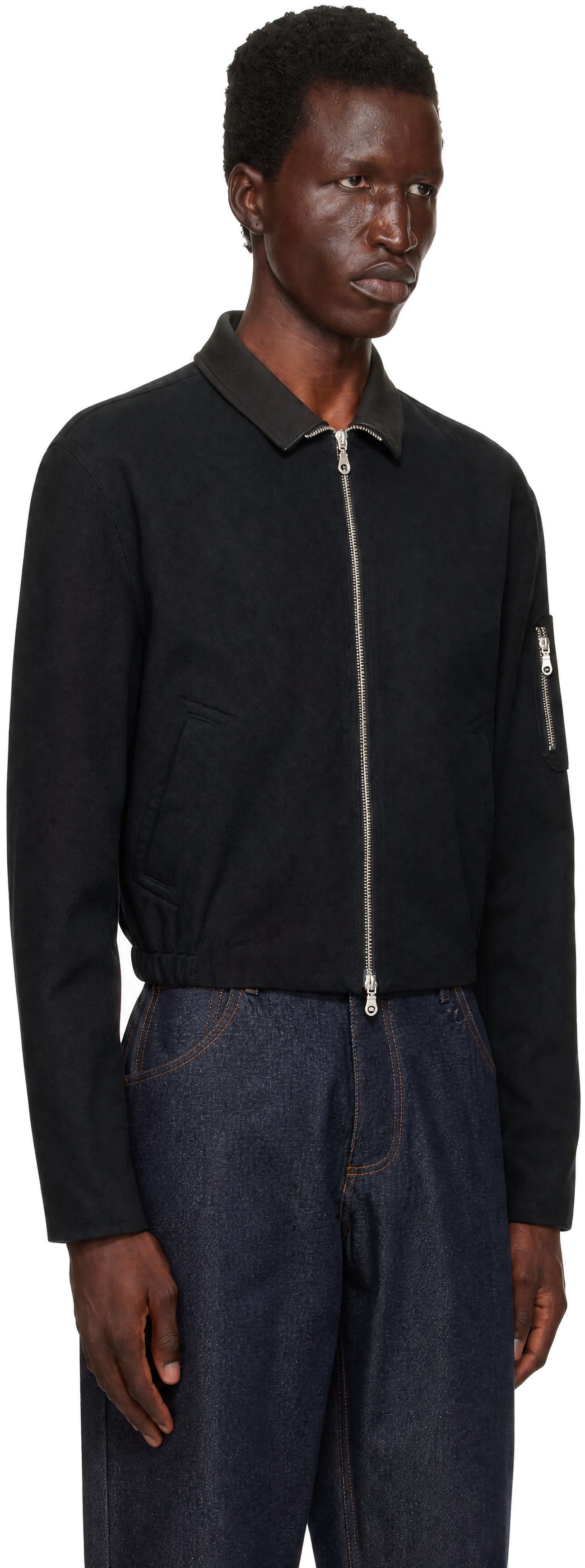 COOR - Navy Pilot Leather Collar Bomber Jacket