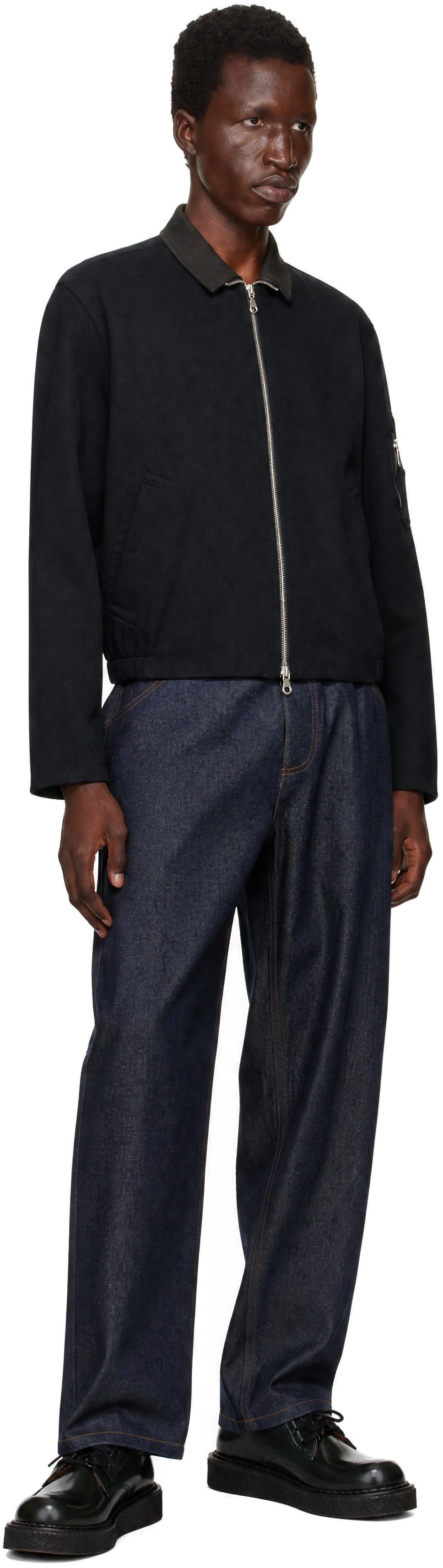 COOR - Navy Pilot Leather Collar Bomber Jacket