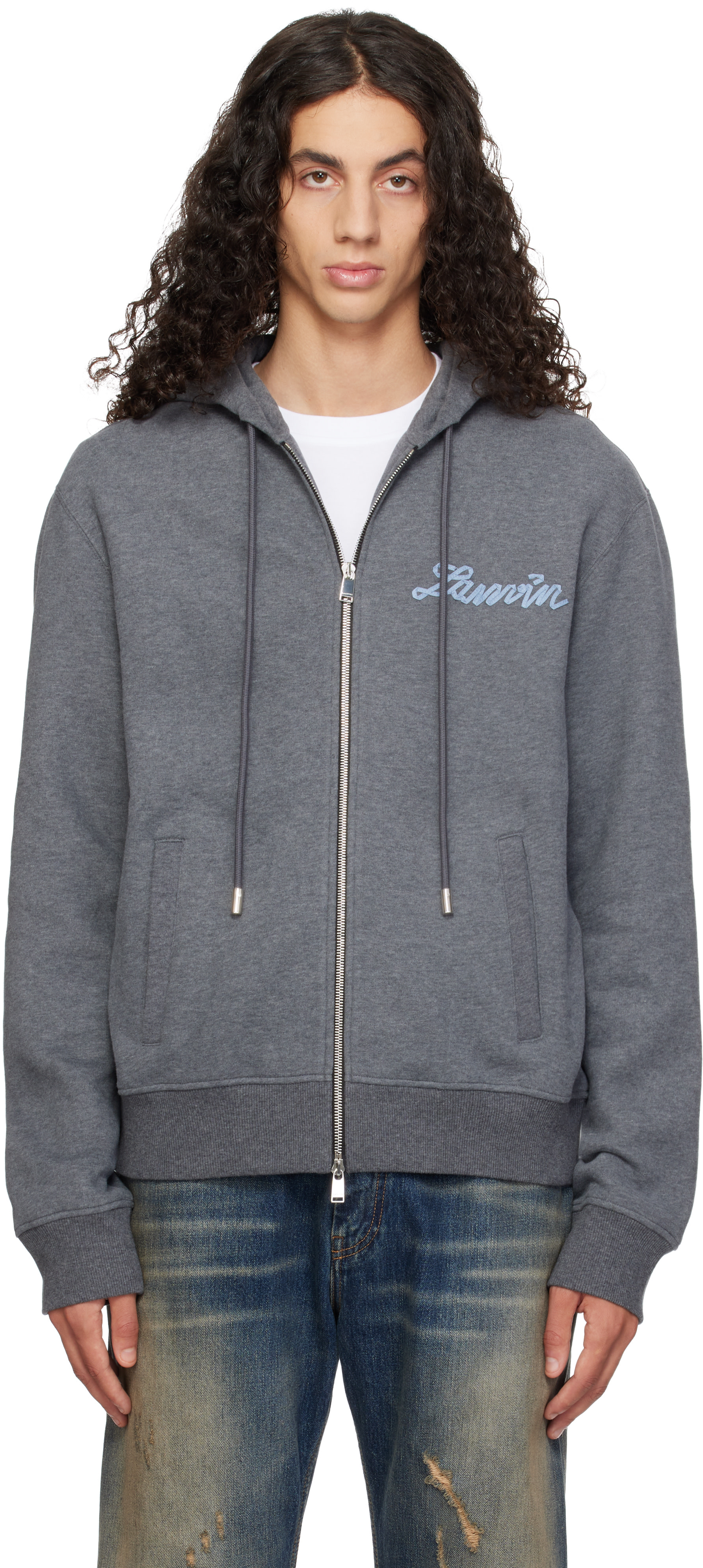 Lanvin - Pull à capuche gris à appliqué à logo