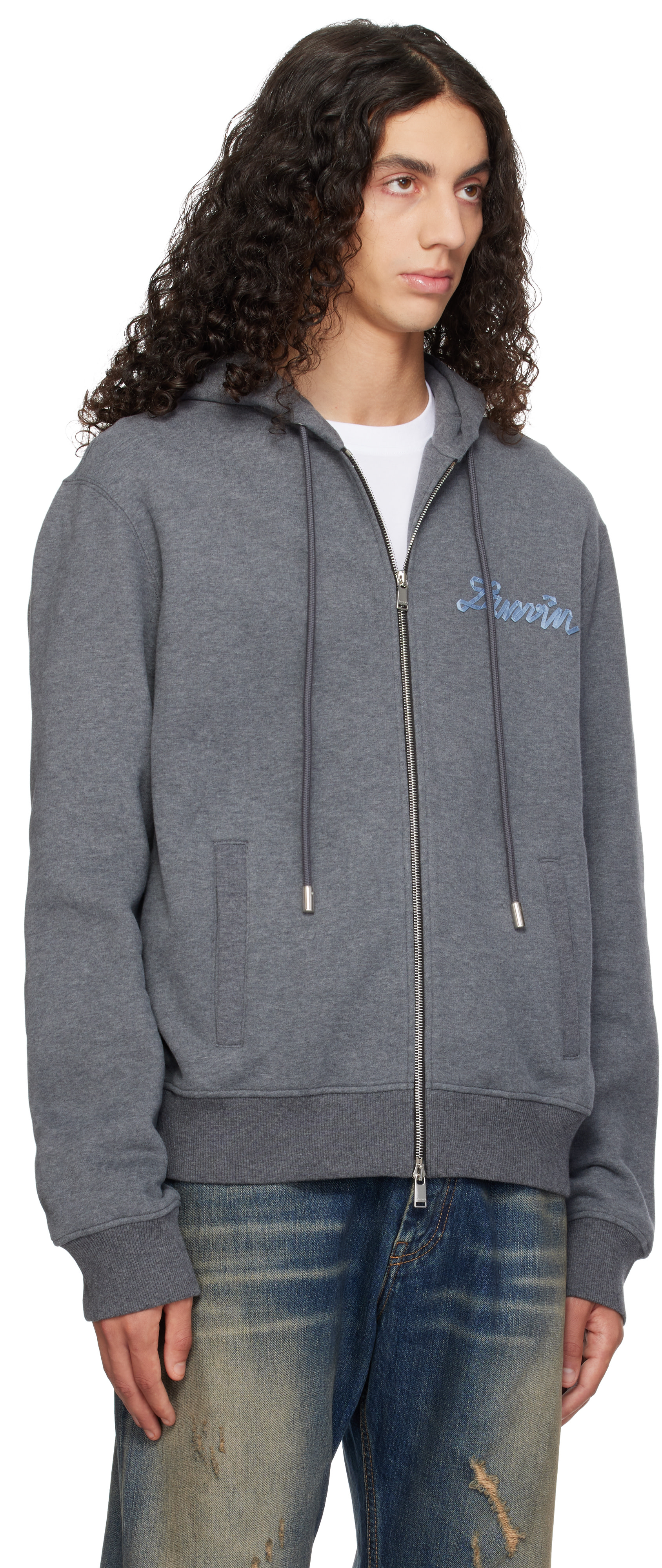 Lanvin - Pull à capuche gris à appliqué à logo