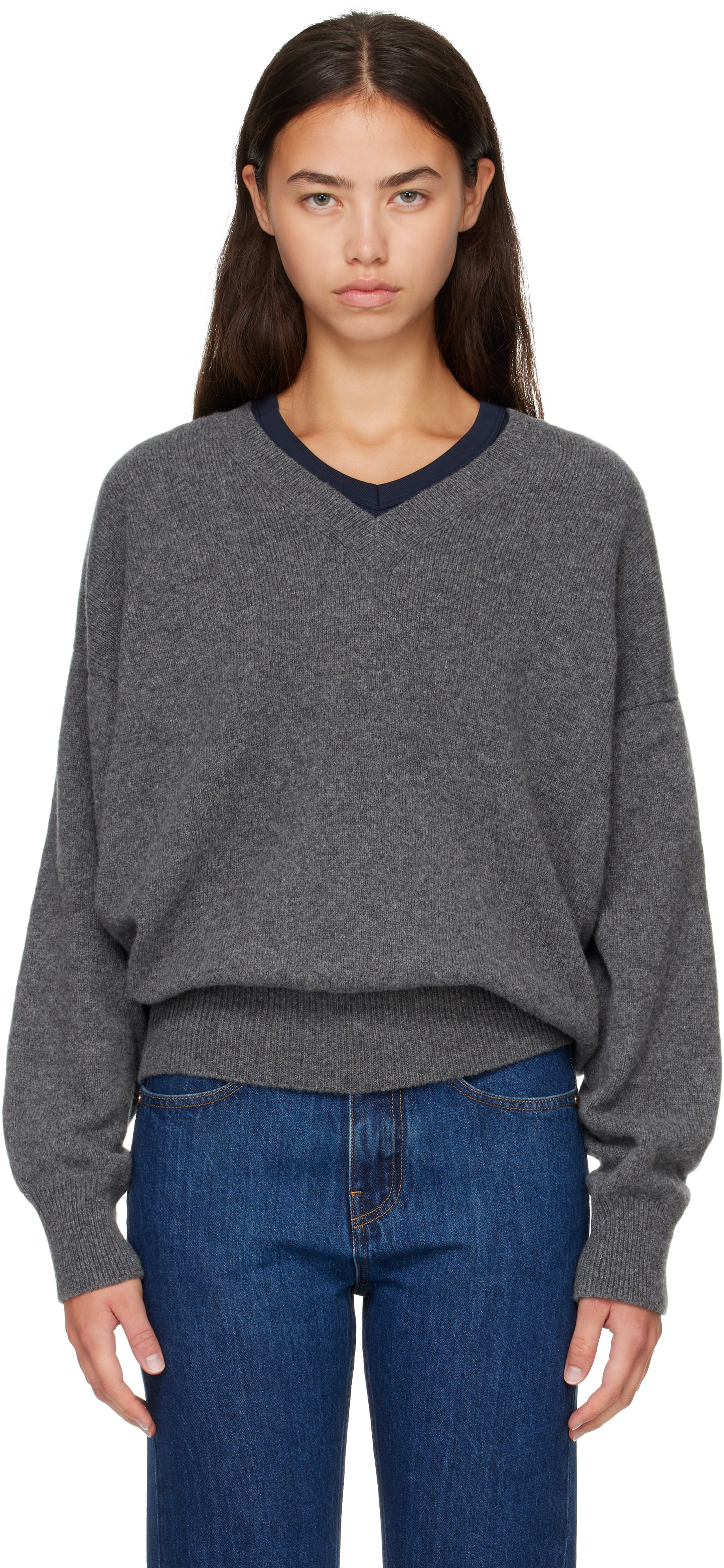 &Daughter - Pull décontracté Innes gris à col en V