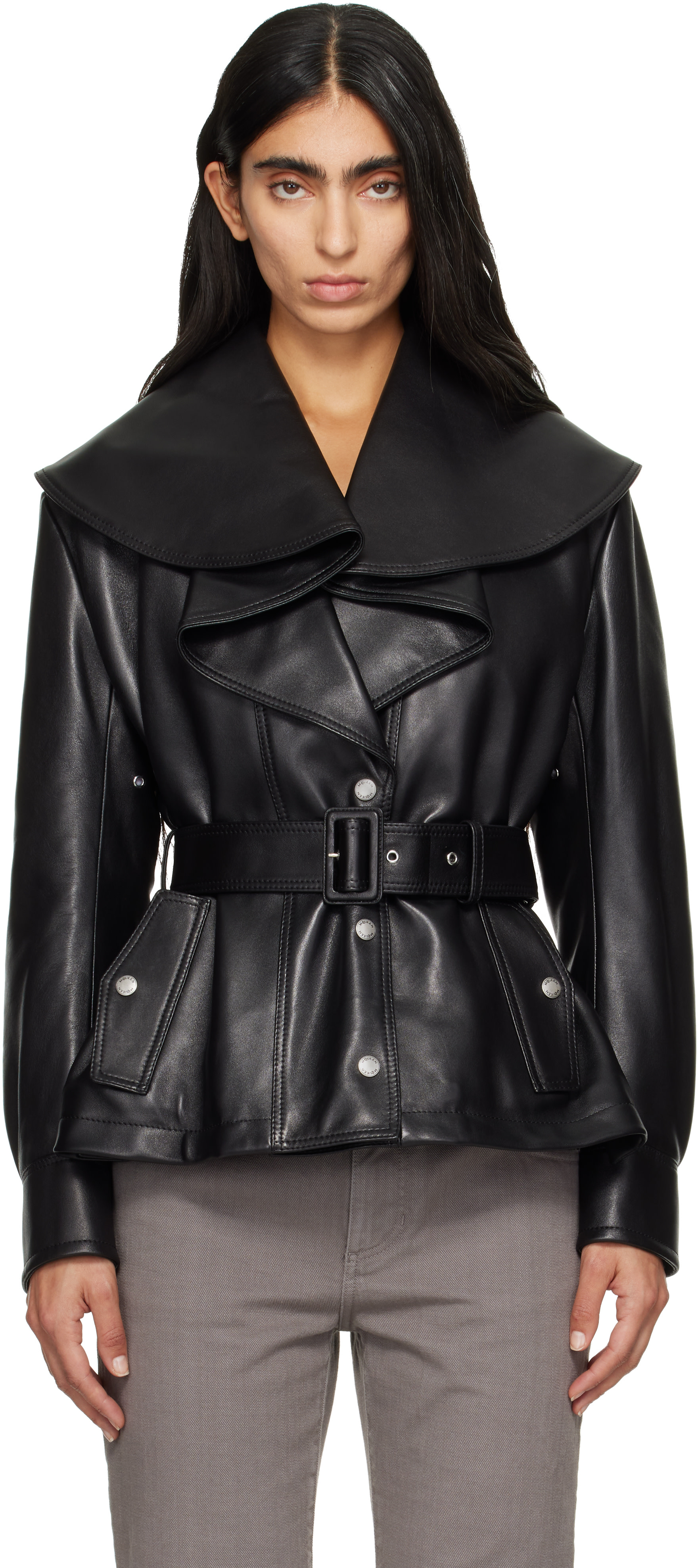 McQueen - Black Draped Collar Leather Jacket