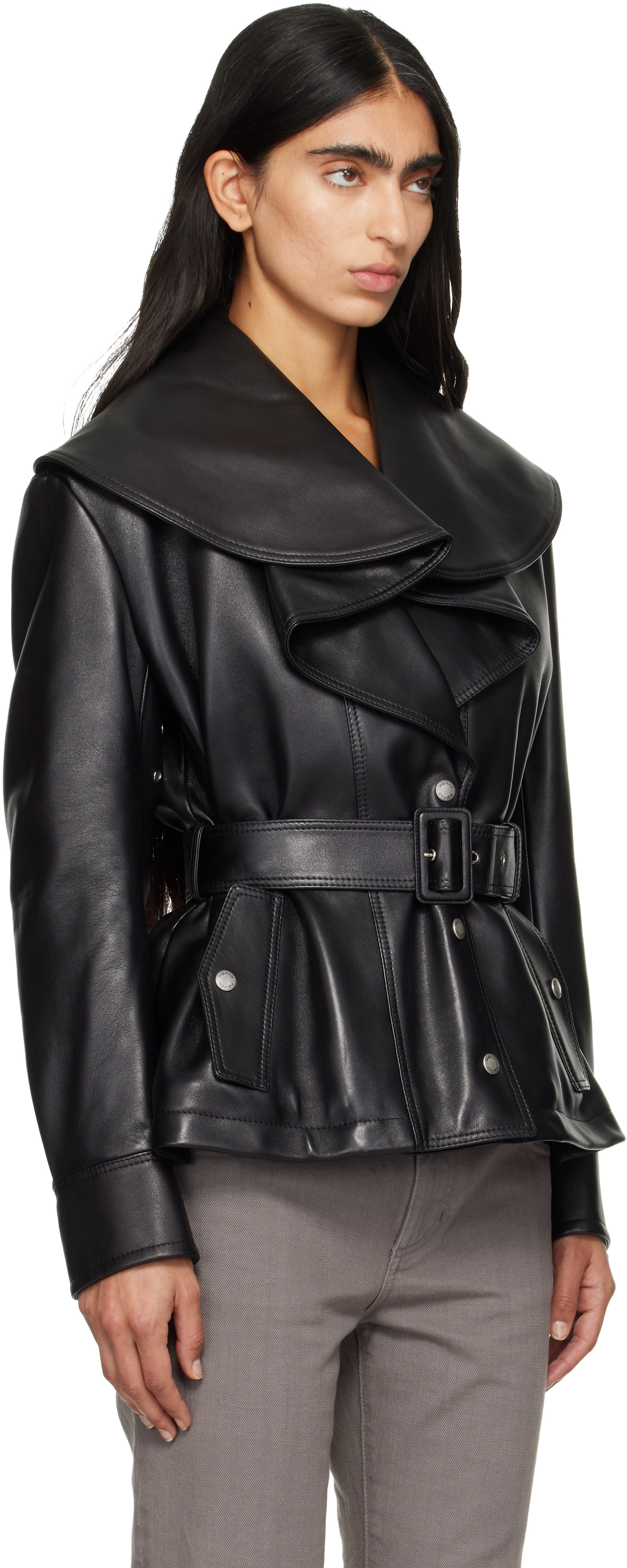 McQueen - Black Draped Collar Leather Jacket
