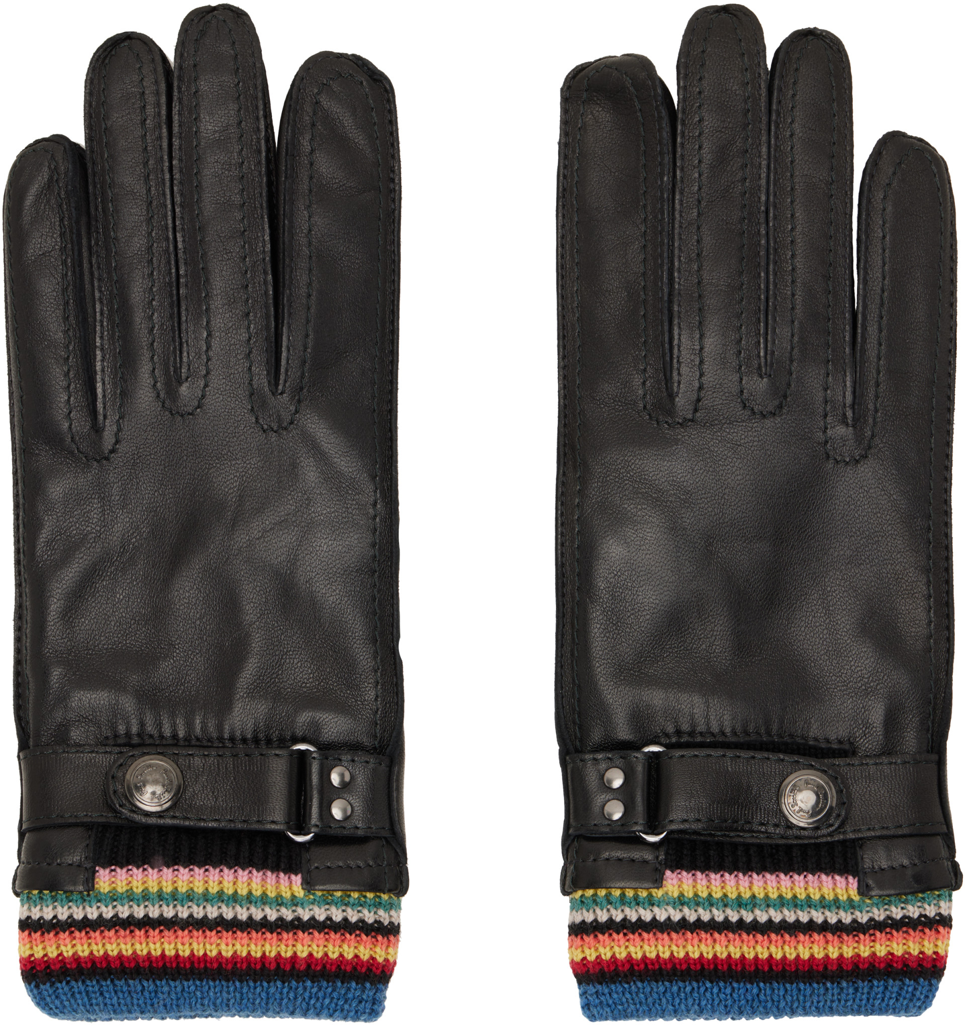 ポールスミス　黒レザー手袋 Paul Smith: ブラック 'Signature Stripe' Cuff レザーグローブ
