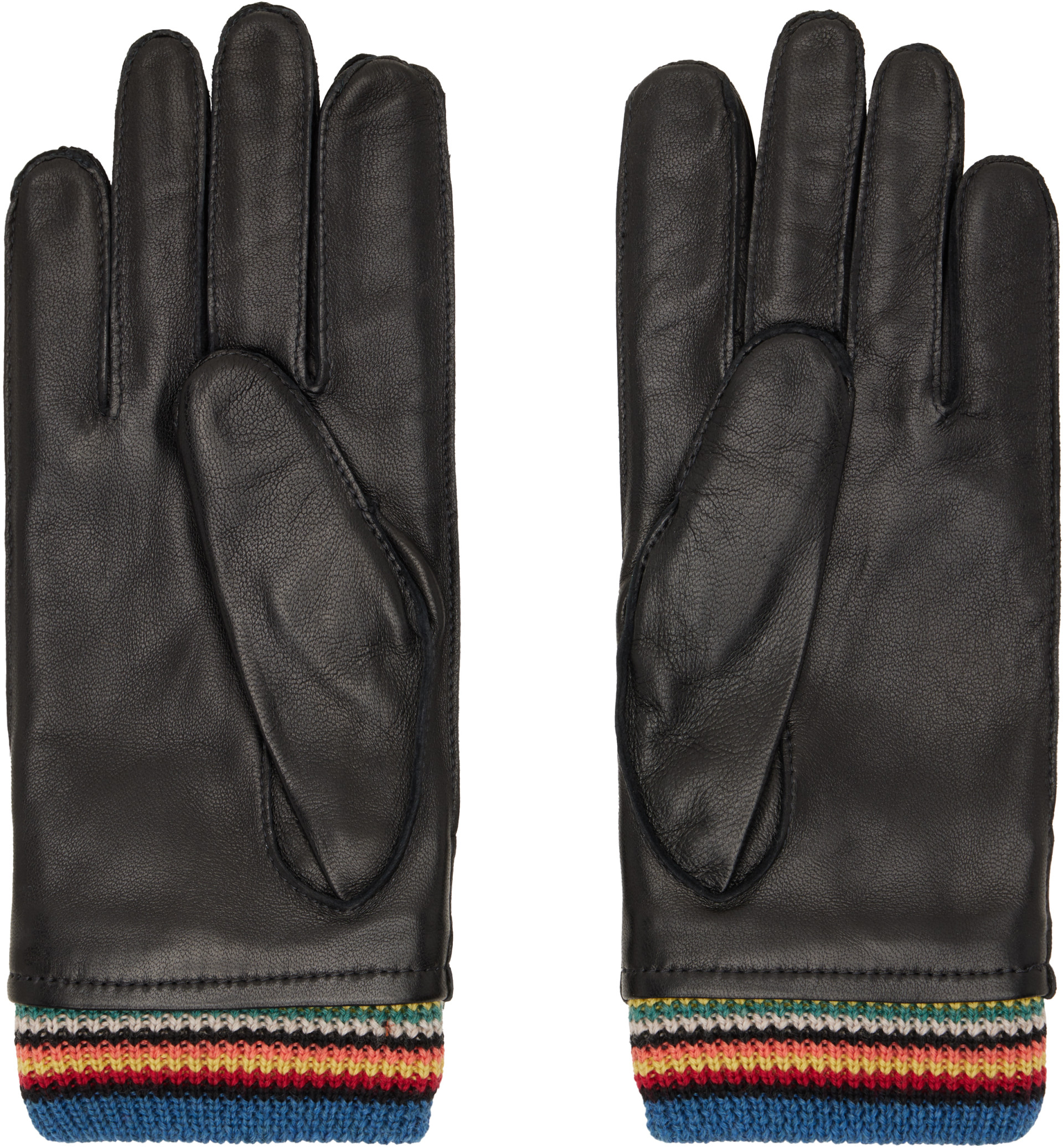 Paul Smith 黒 レザー手袋 Paul Smith: ブラック 'Signature Stripe' Cuff レザーグローブ