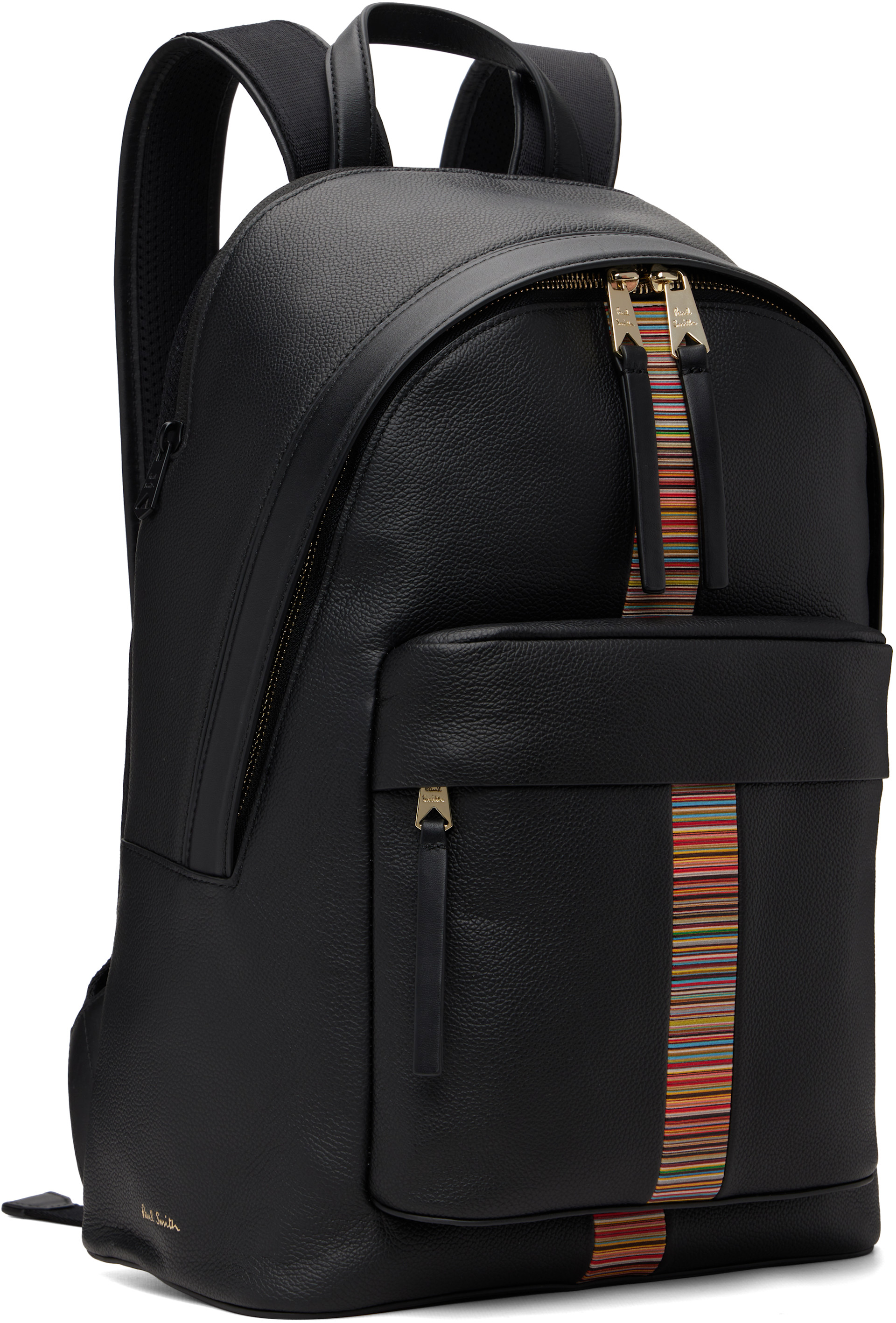Paul Smith ブラックレザーバックパック Paul Smith: Black Leather 'Signature Stripe' Trim Backpack | SSENSE