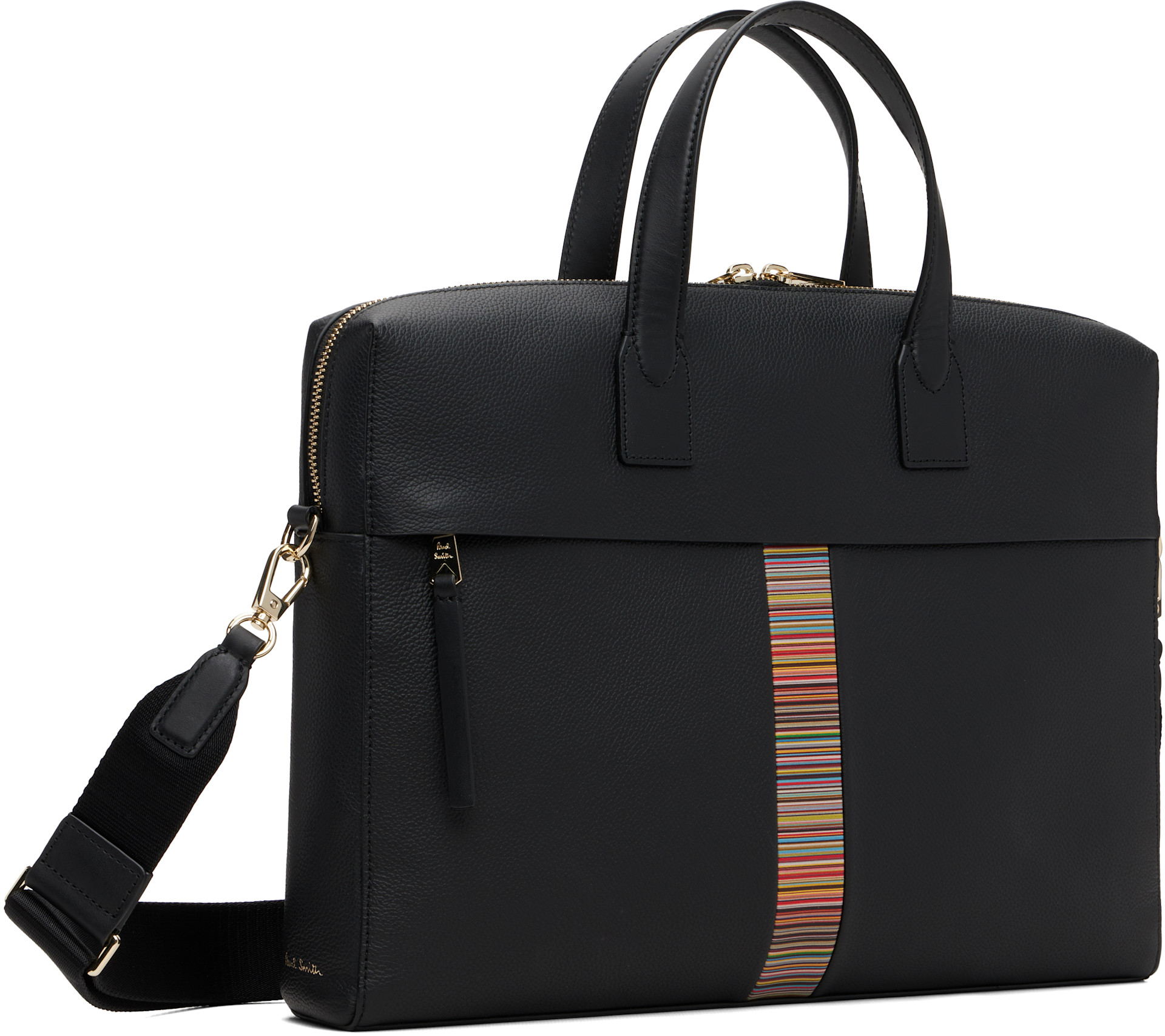 Paul Smith: Black Leather 'Signature Stripe' Trim Folio Briefcase
