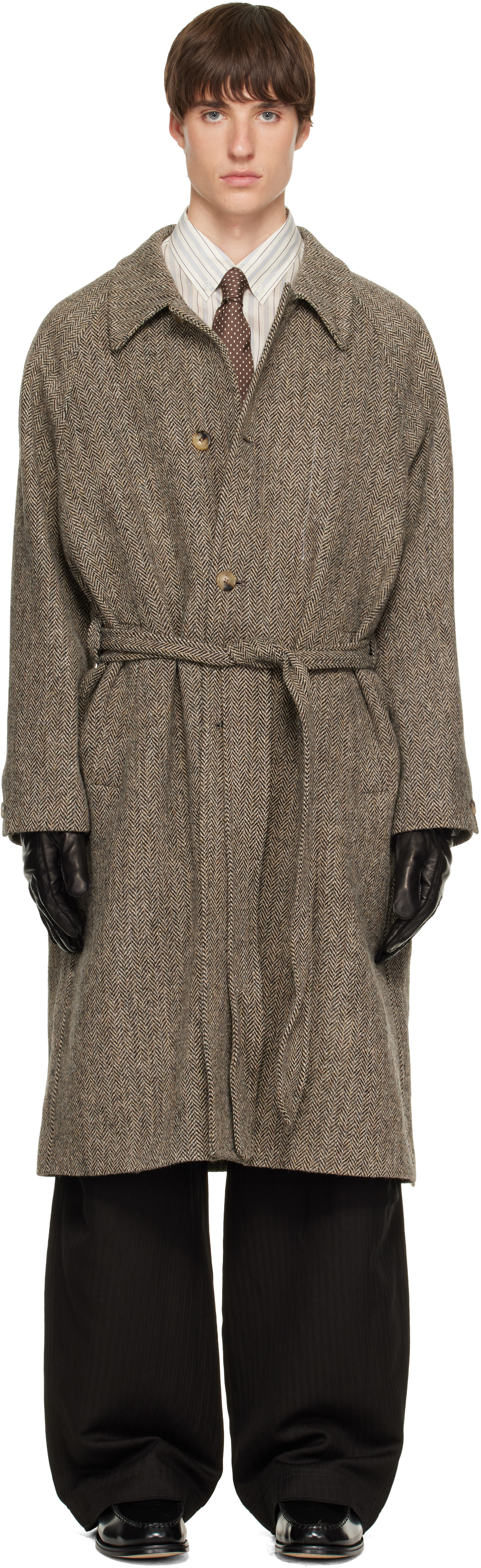 Paul Smith - Brown Harris Tweed Herringbone Belted Coat