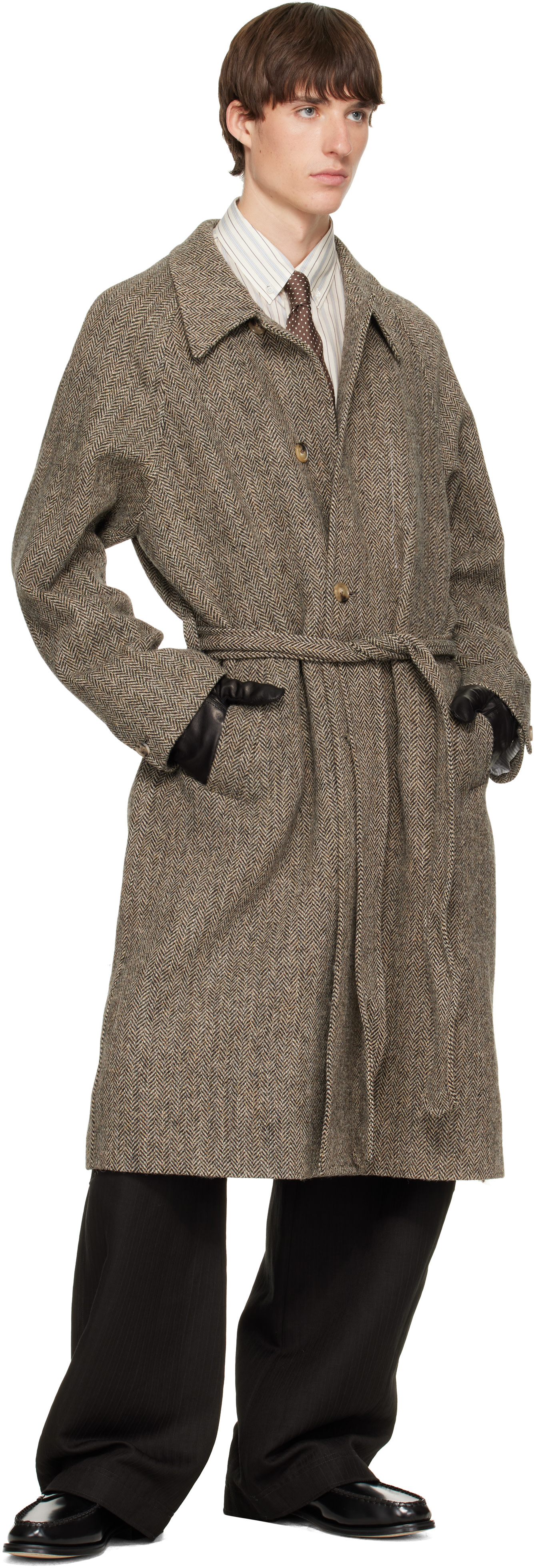 Paul Smith - Brown Harris Tweed Herringbone Belted Coat