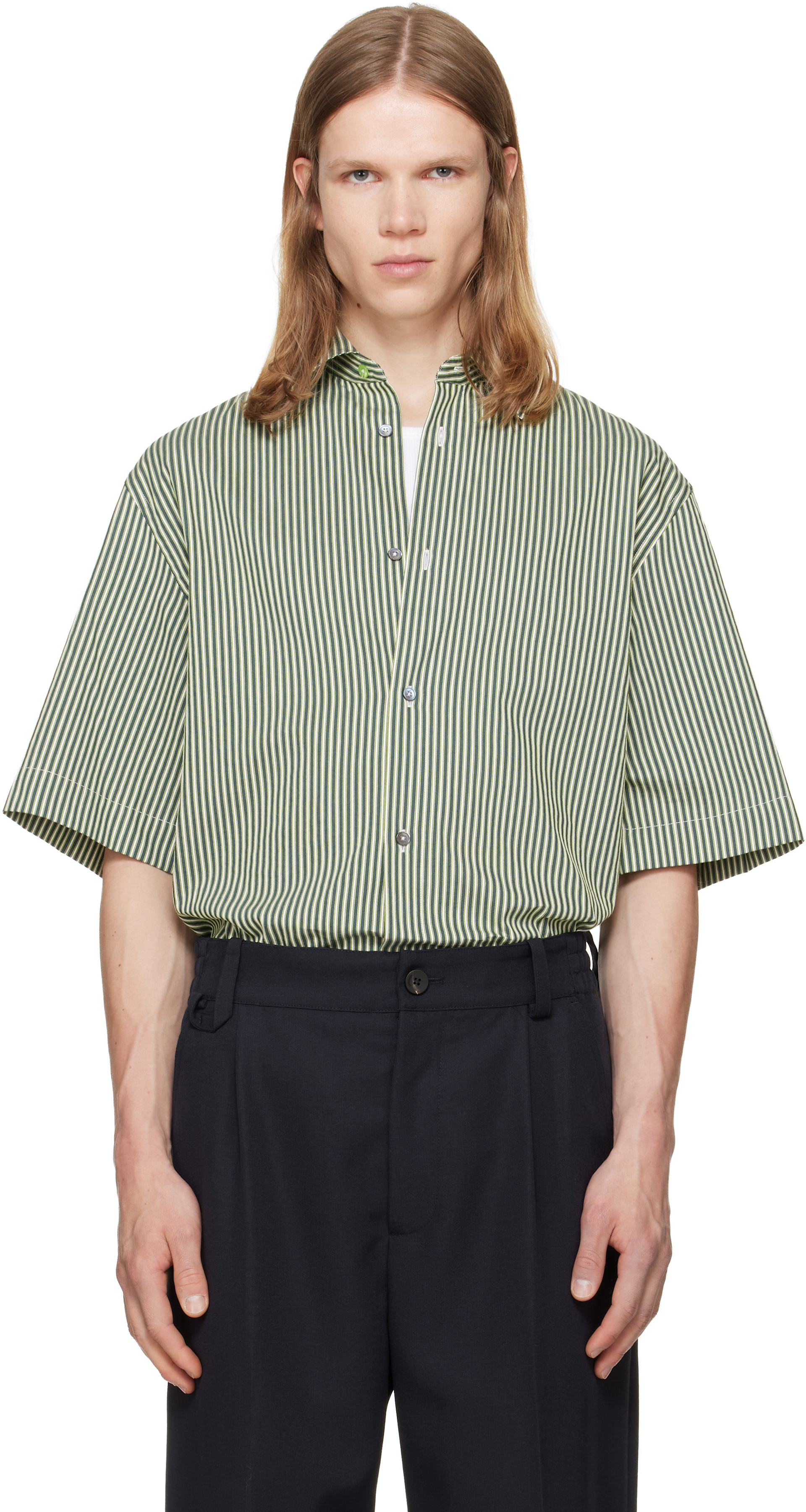 Paul Smith: グリーン ストライプ オーバーサイズ コットン シルク
