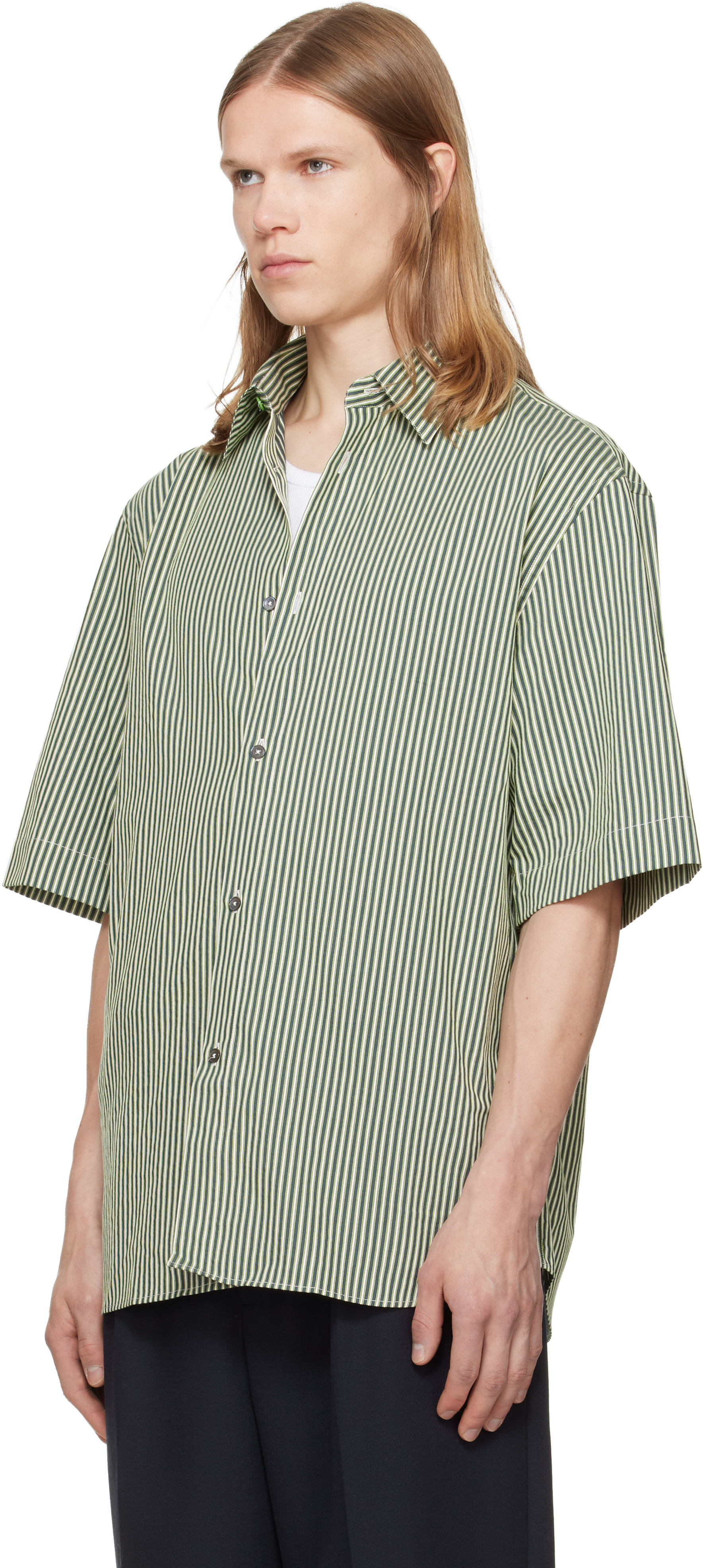 Paul Smith: Green Stripe Oversized Cotton-Silk Shirt | SSENSE