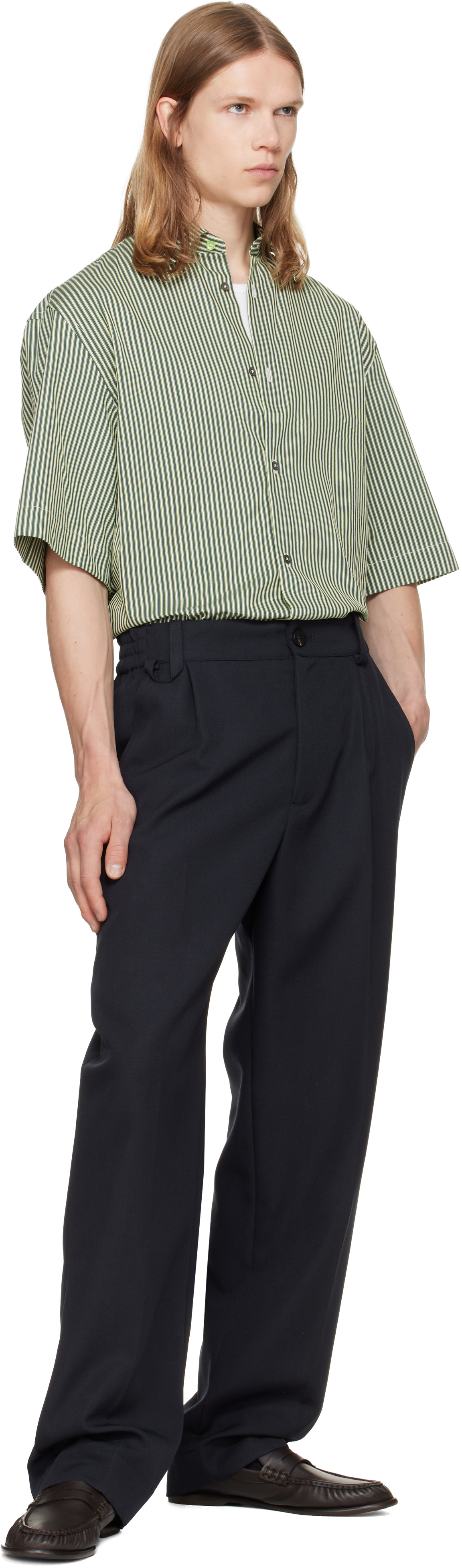 Paul Smith: グリーン ストライプ オーバーサイズ コットン シルク