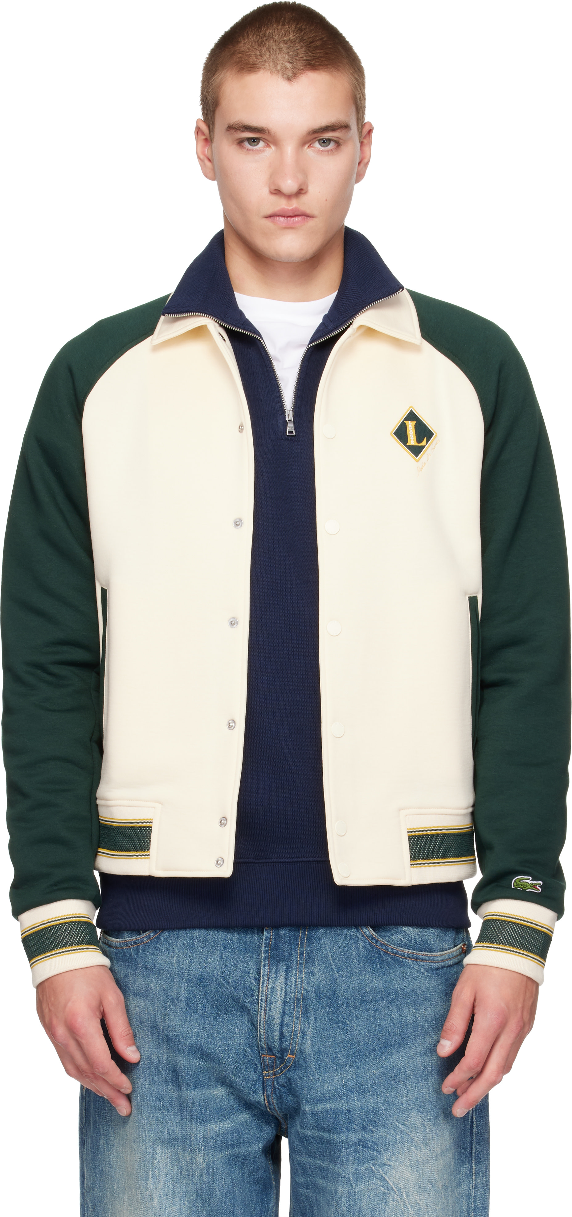 Lacoste: オフホワイト＆グリーン French Made Varsity Badge ボンバー