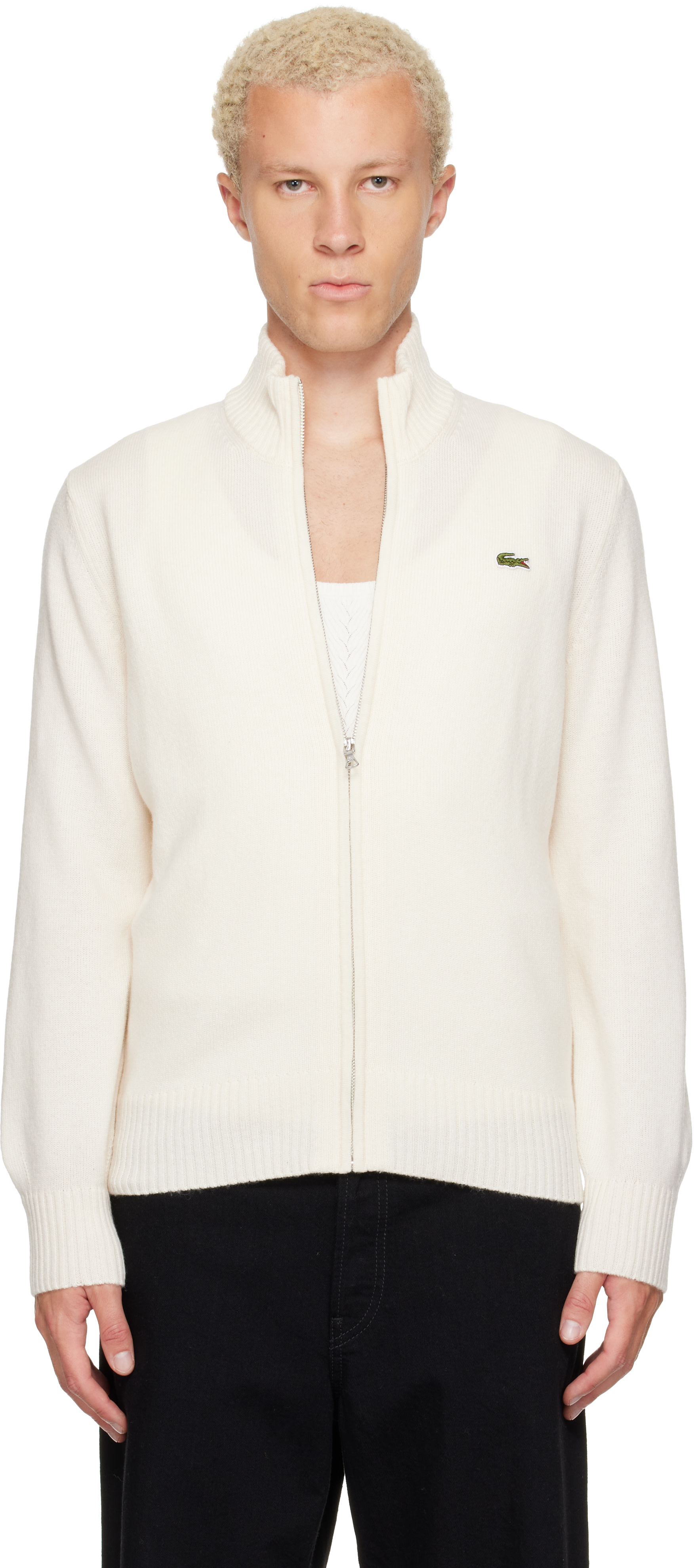 Lacoste - Off-White Wool Zip-Up Sweater