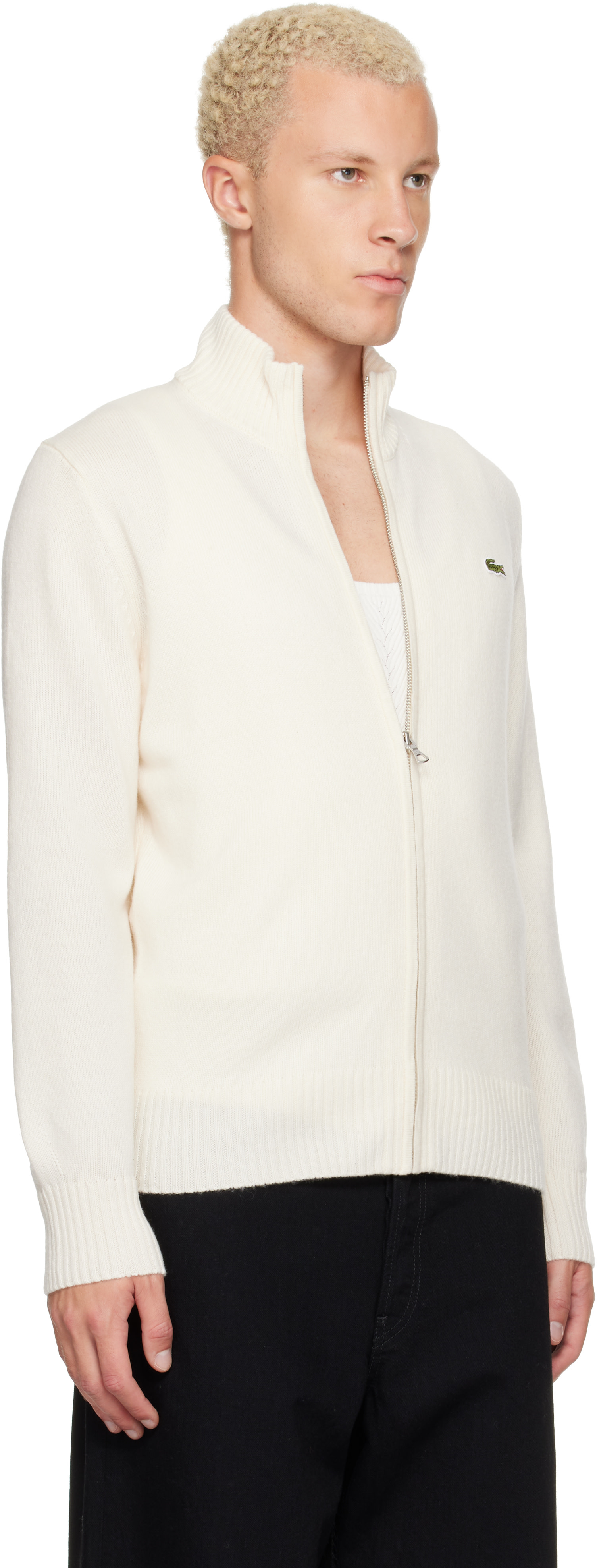 Lacoste - Off-White Wool Zip-Up Sweater