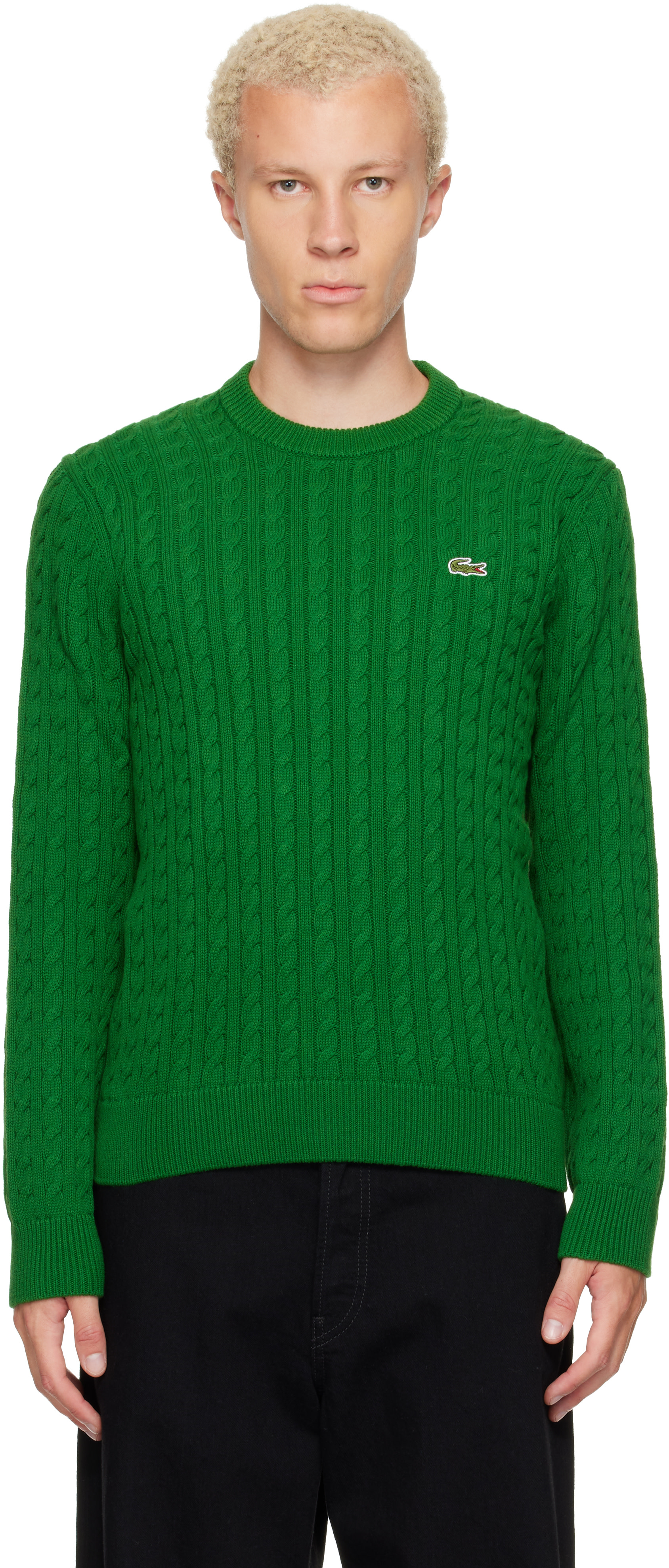 Lacoste - Pull vert en tricot câblé de coton