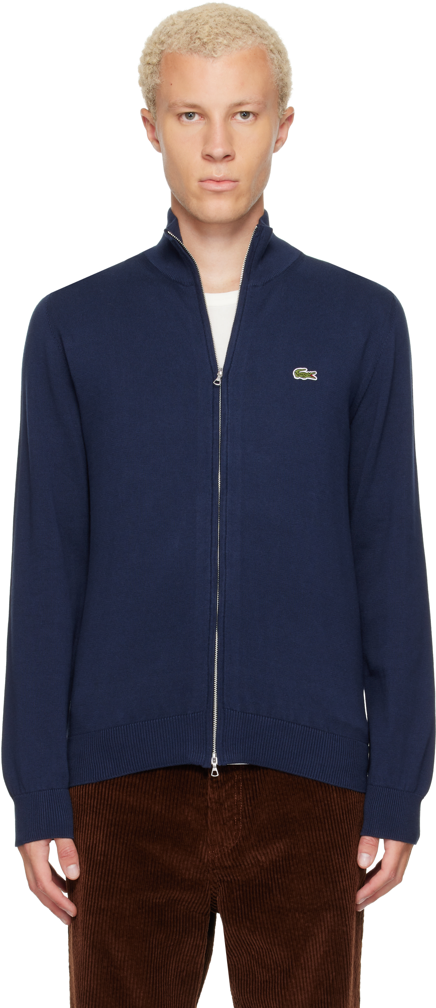 Lacoste: Navy Zipped High Neck Cotton Sweater | SSENSE