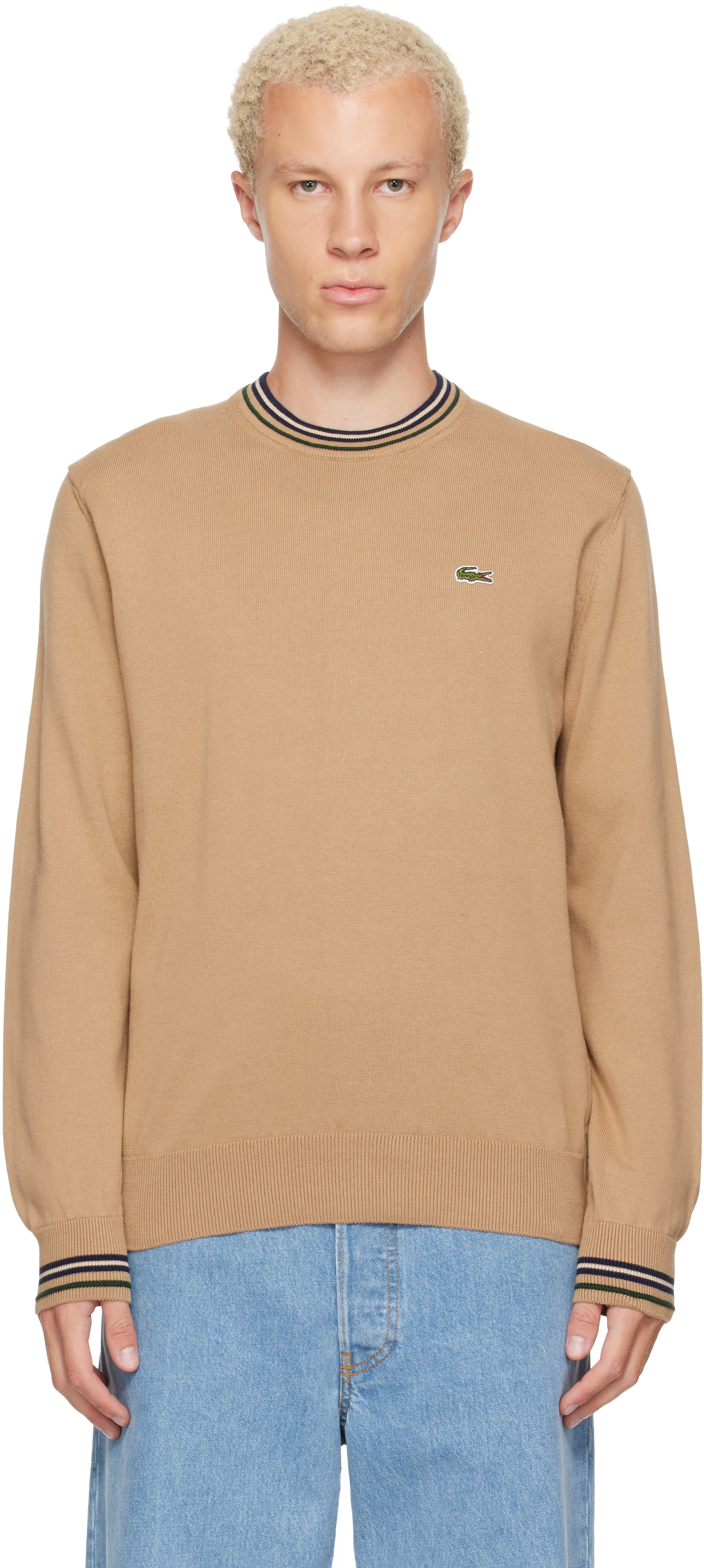 Lacoste - Pull beige en jersey de coton à rayures