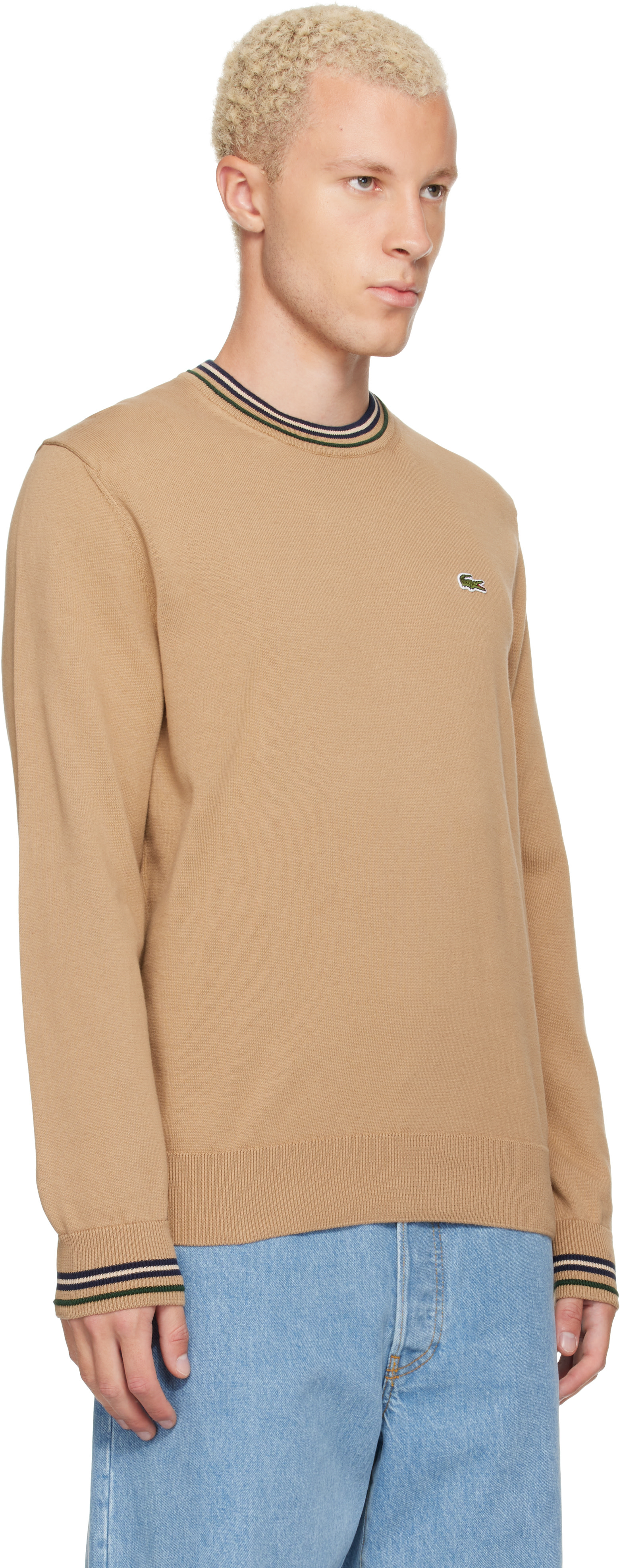 Lacoste - Pull beige en jersey de coton à rayures