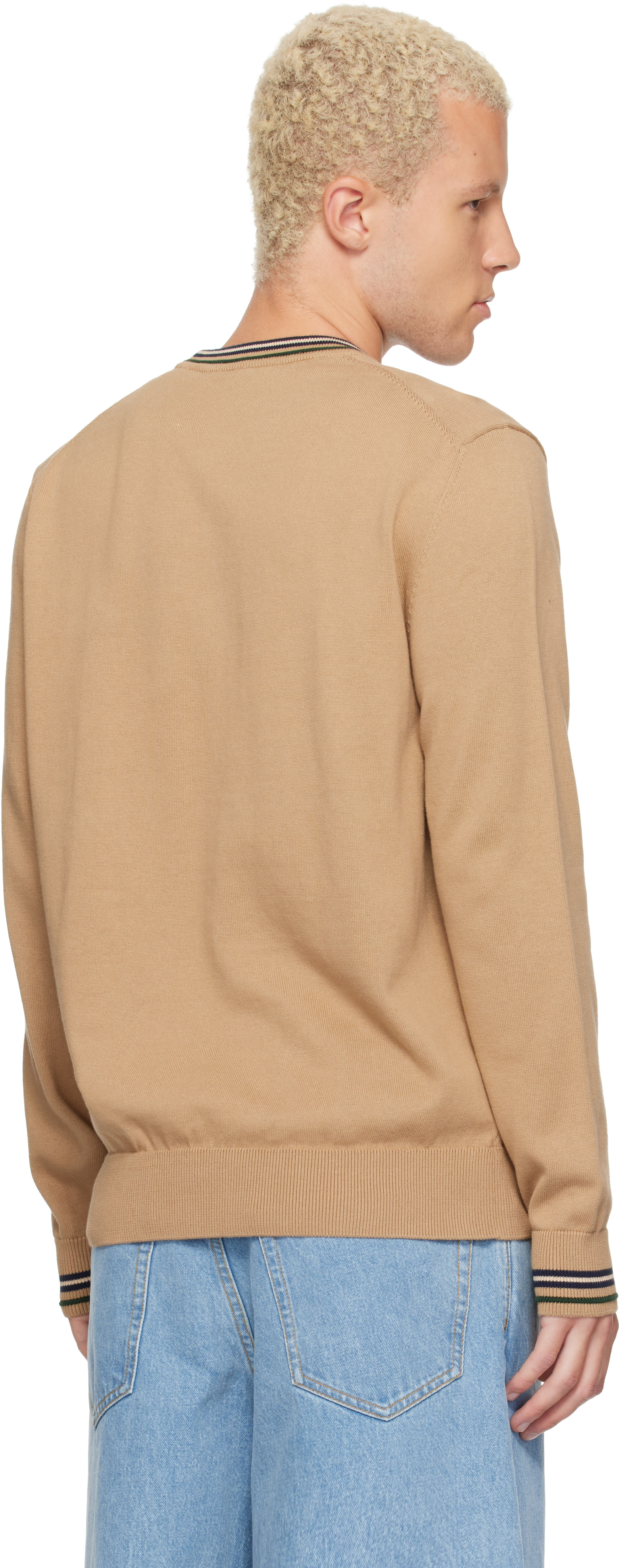 Lacoste - Pull beige en jersey de coton à rayures