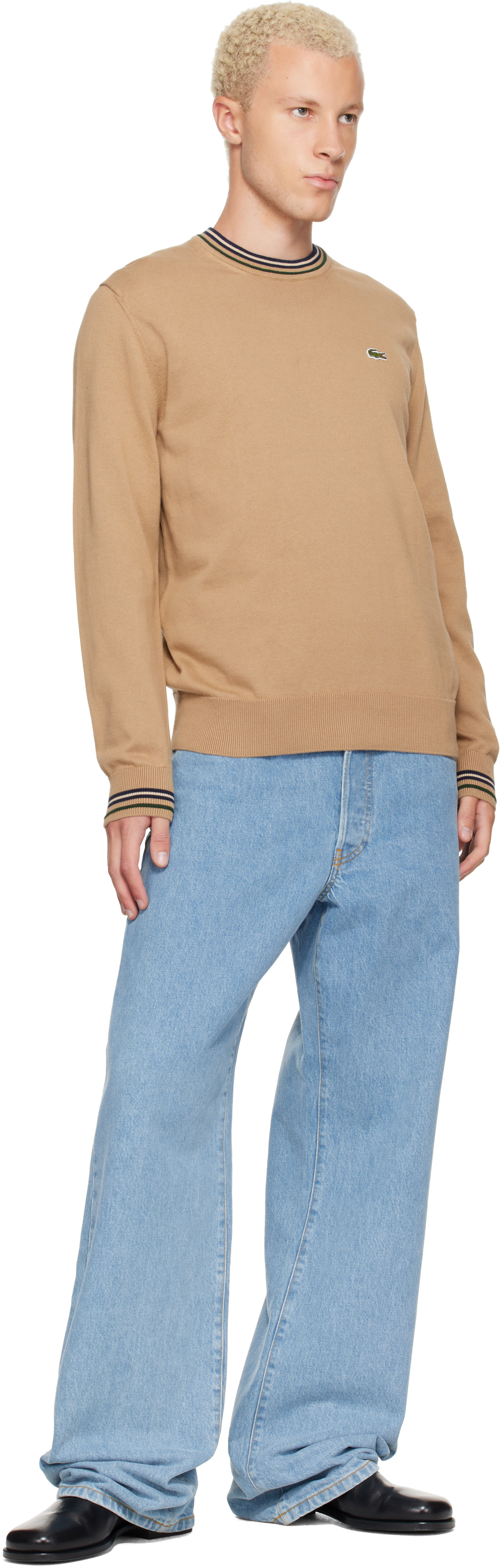 Lacoste - Pull beige en jersey de coton à rayures