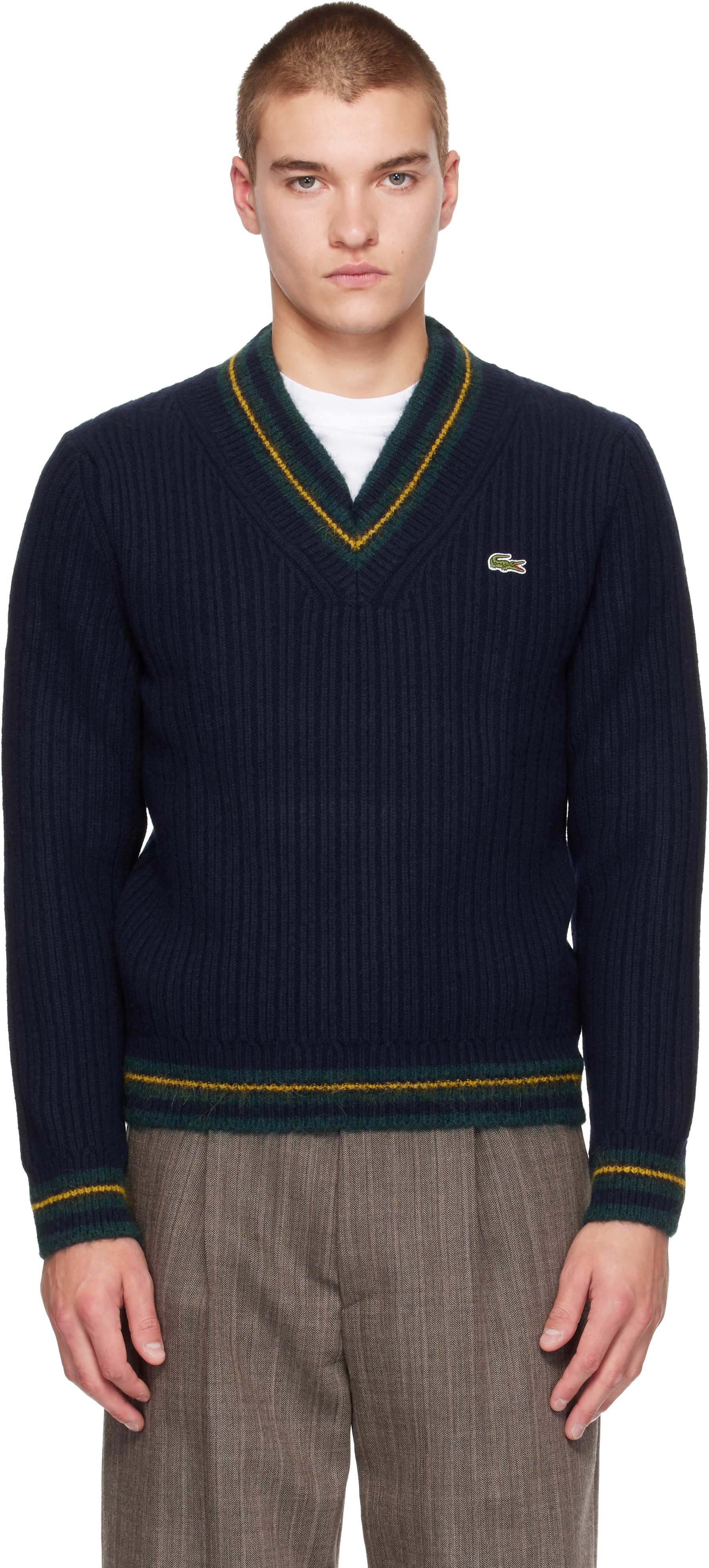 Lacoste - 海军蓝 Striped Wool V-Neck 毛衣