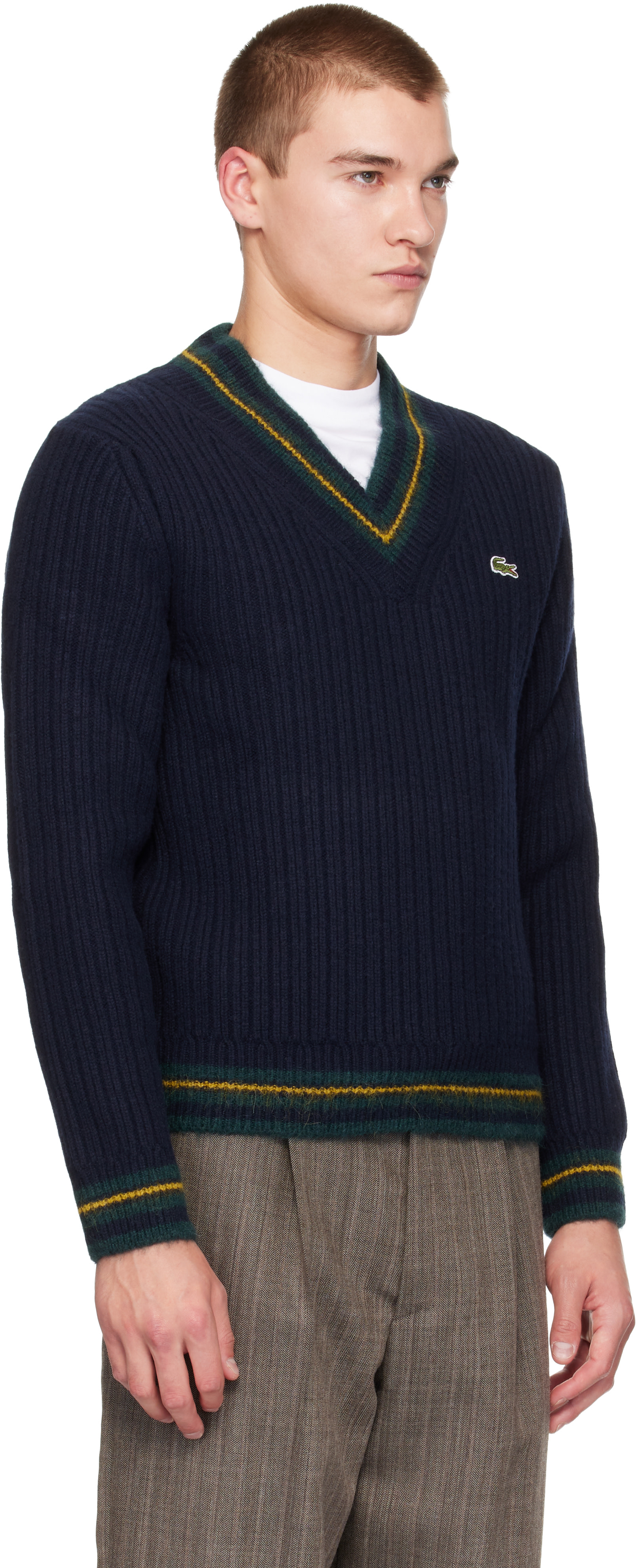 Lacoste - 海军蓝 Striped Wool V-Neck 毛衣