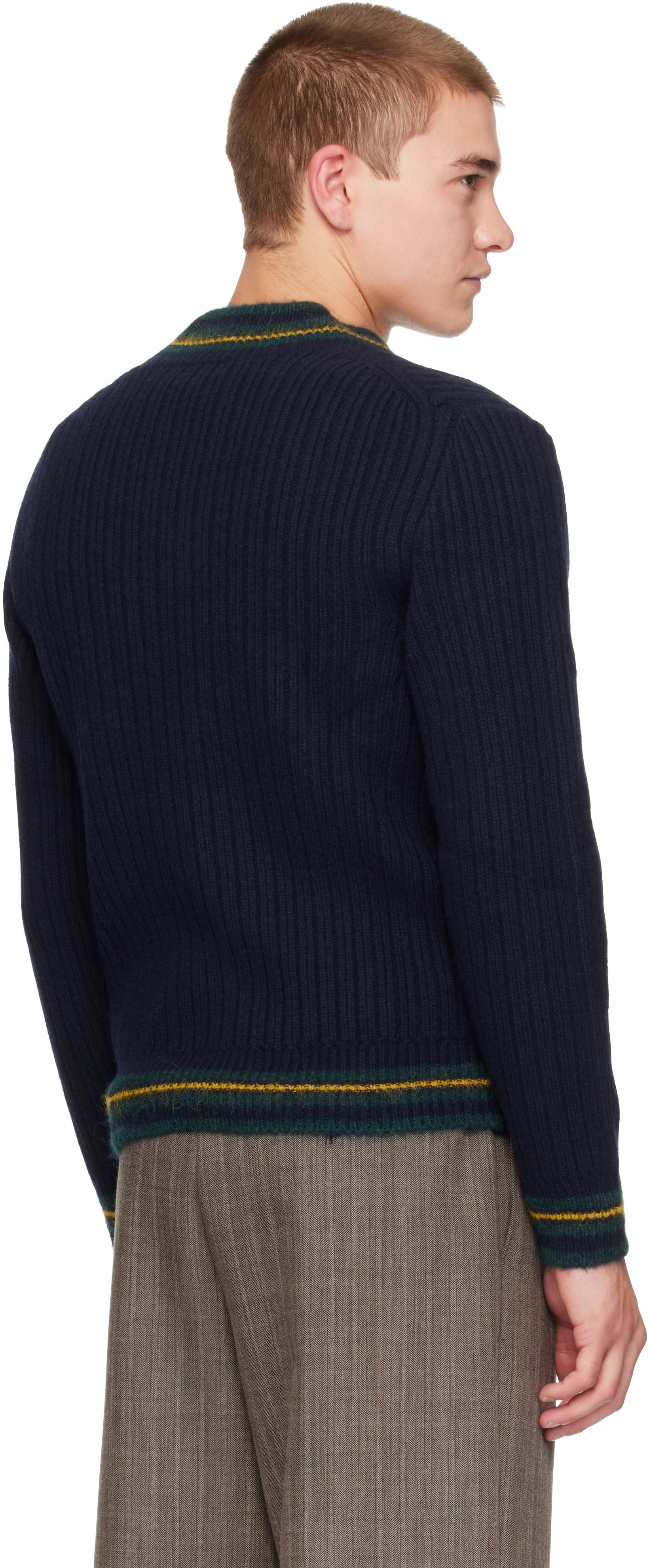 Lacoste - 海军蓝 Striped Wool V-Neck 毛衣
