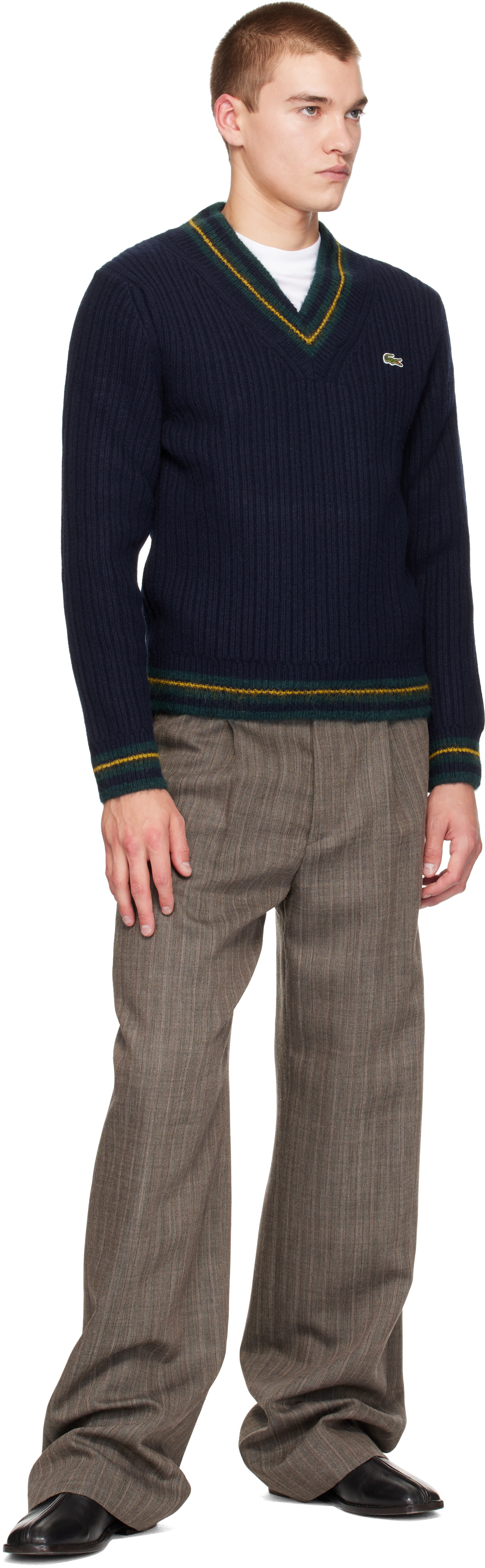 Lacoste - 海军蓝 Striped Wool V-Neck 毛衣