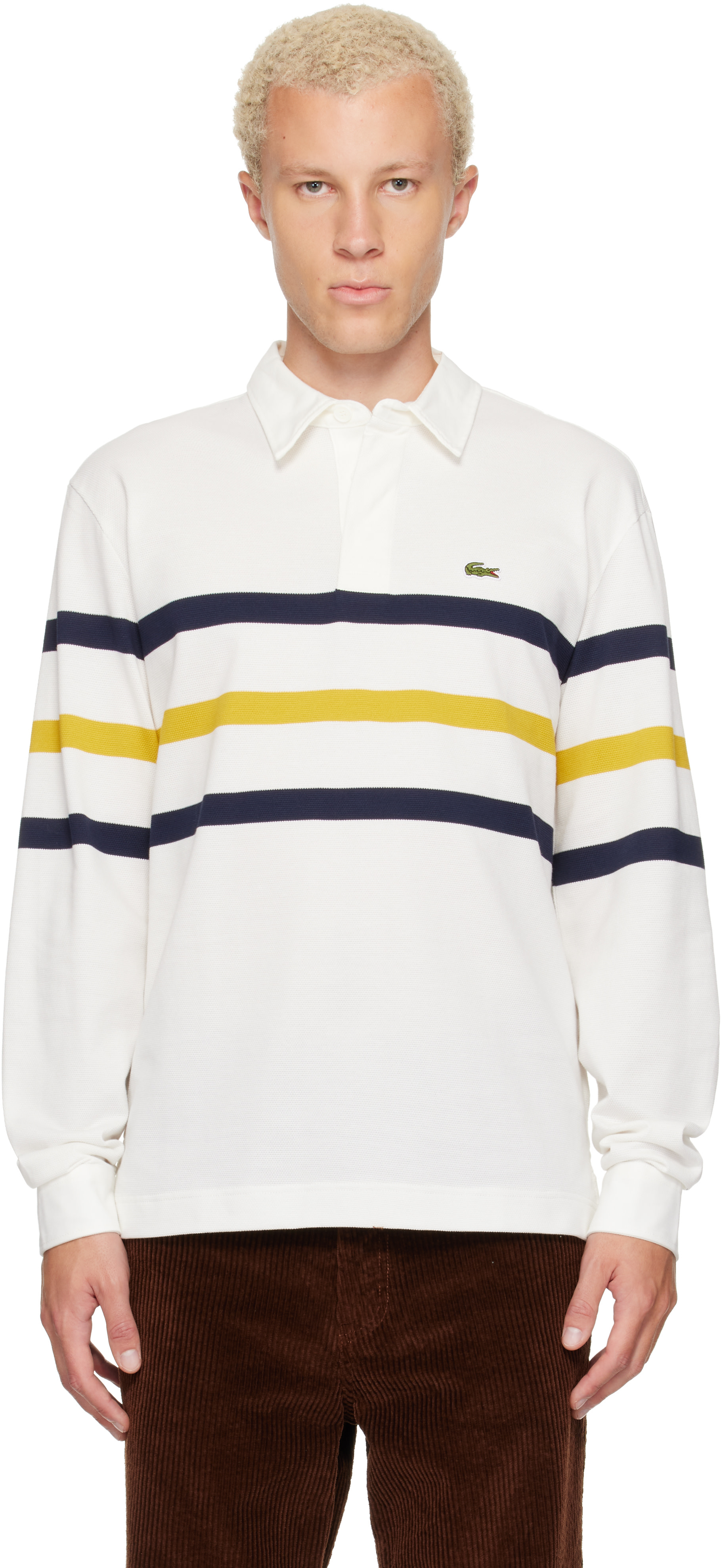 LACOSTE ラガーシャツ ブラック ホワイト FR4 Lacoste: ホワイト リラックスフィット ボーダー ピケ ラガーシャツ