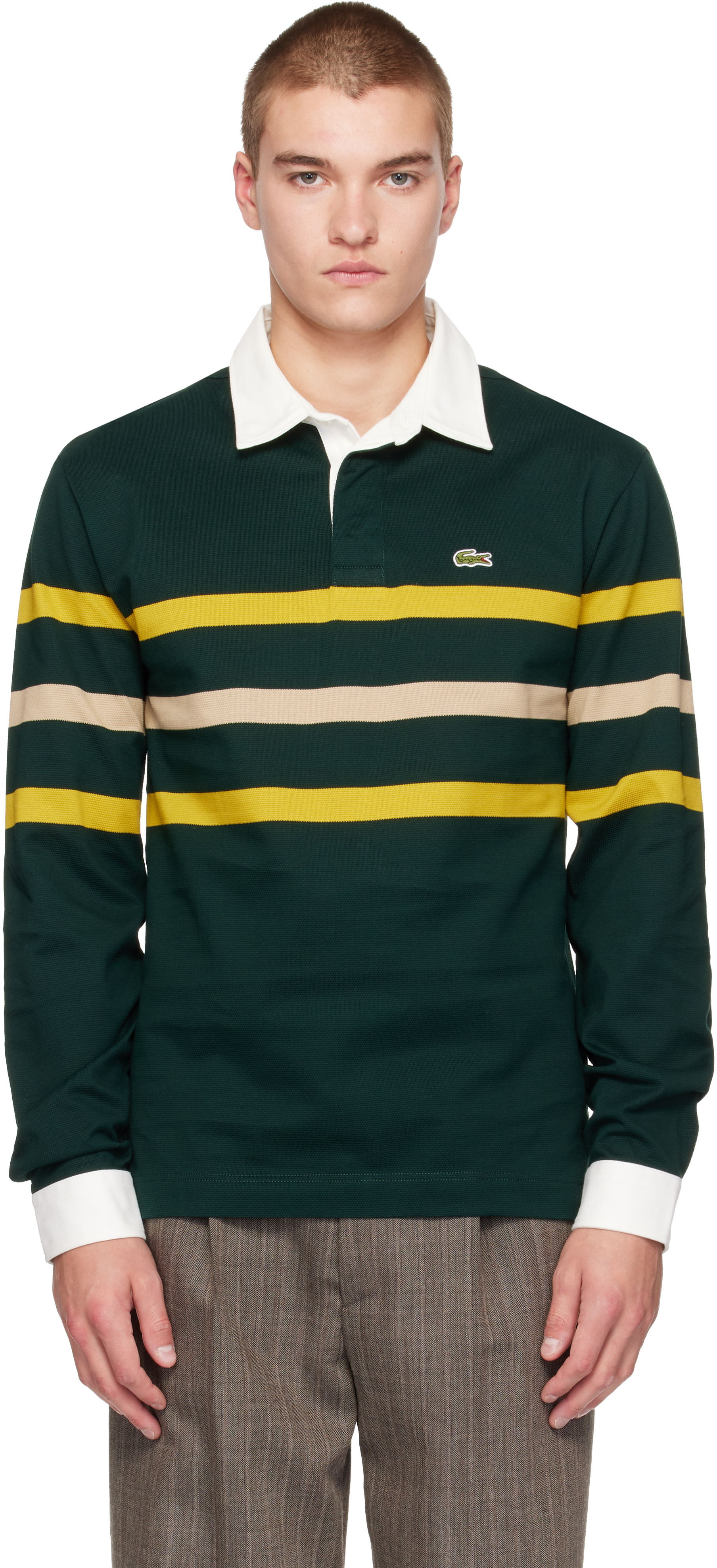 Lacoste: グリーン リラックスフィット ボーダー ピケ ラガーシャツ