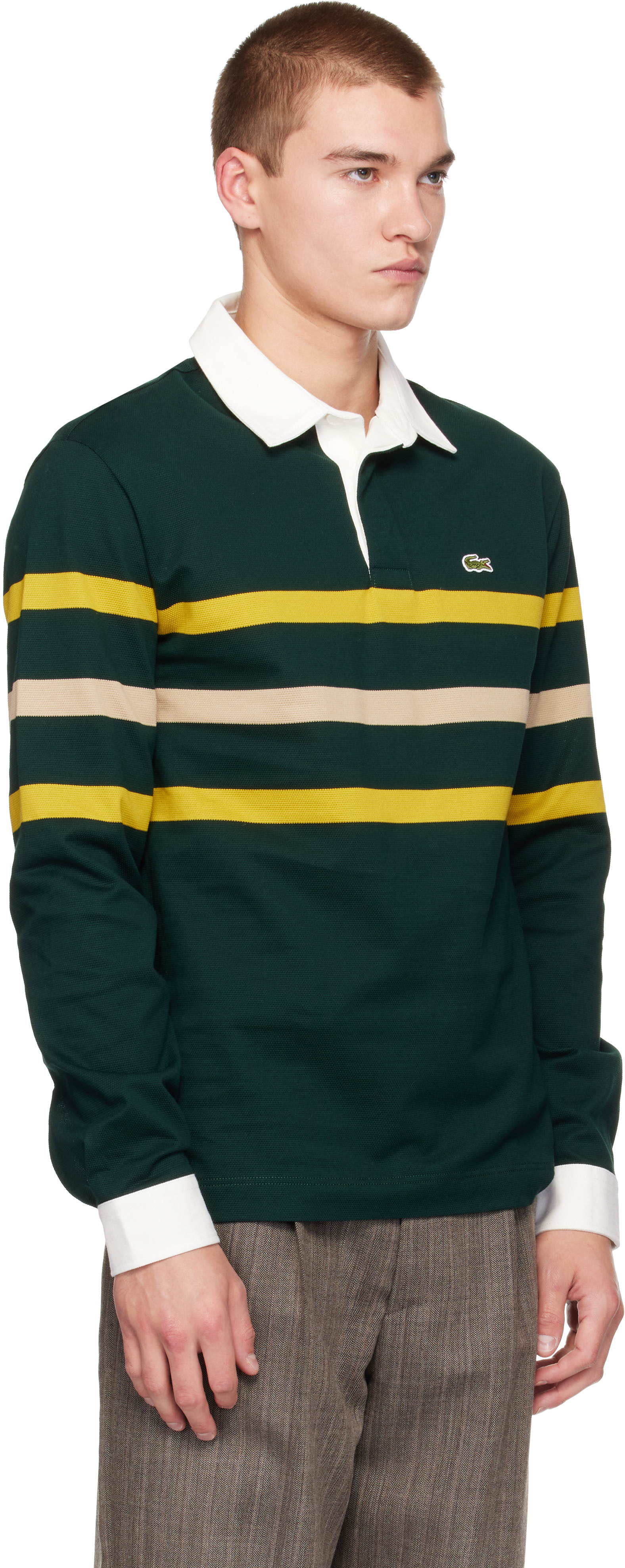 Lacoste: グリーン リラックスフィット ボーダー ピケ ラガーシャツ