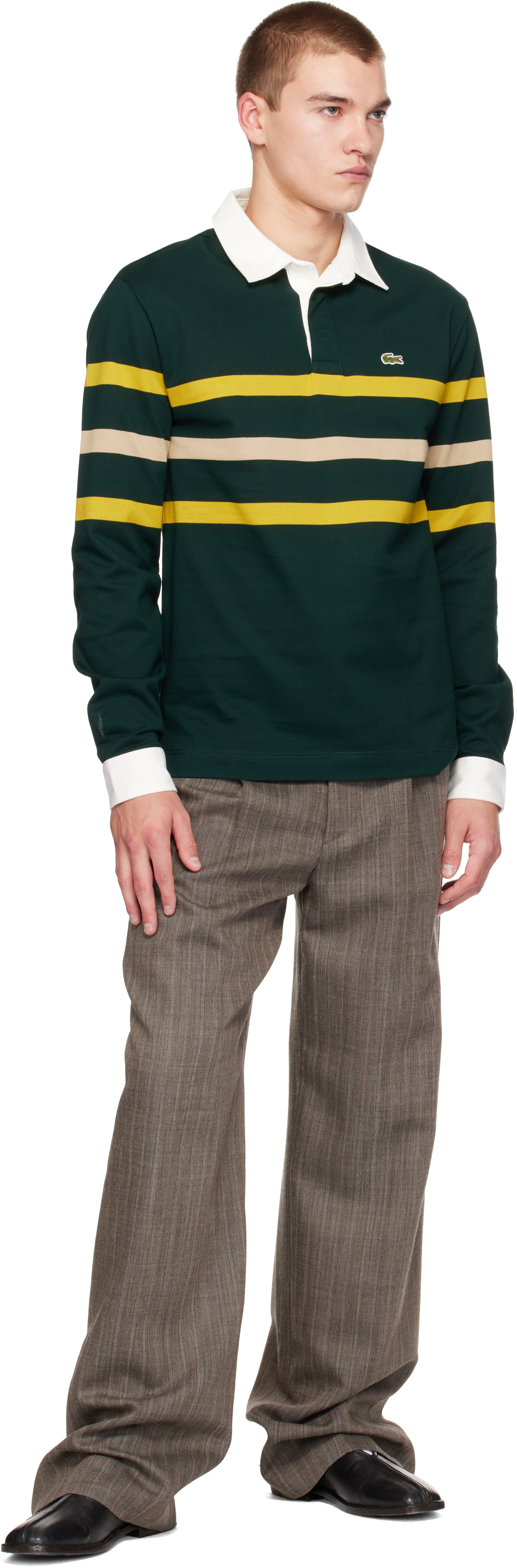 Lacoste: グリーン リラックスフィット ボーダー ピケ ラガーシャツ
