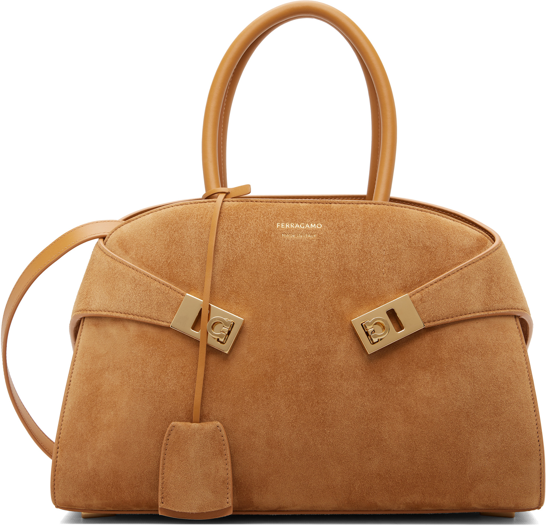 Ferragamo: タン M Hug スエード バッグ | SSENSE 日本