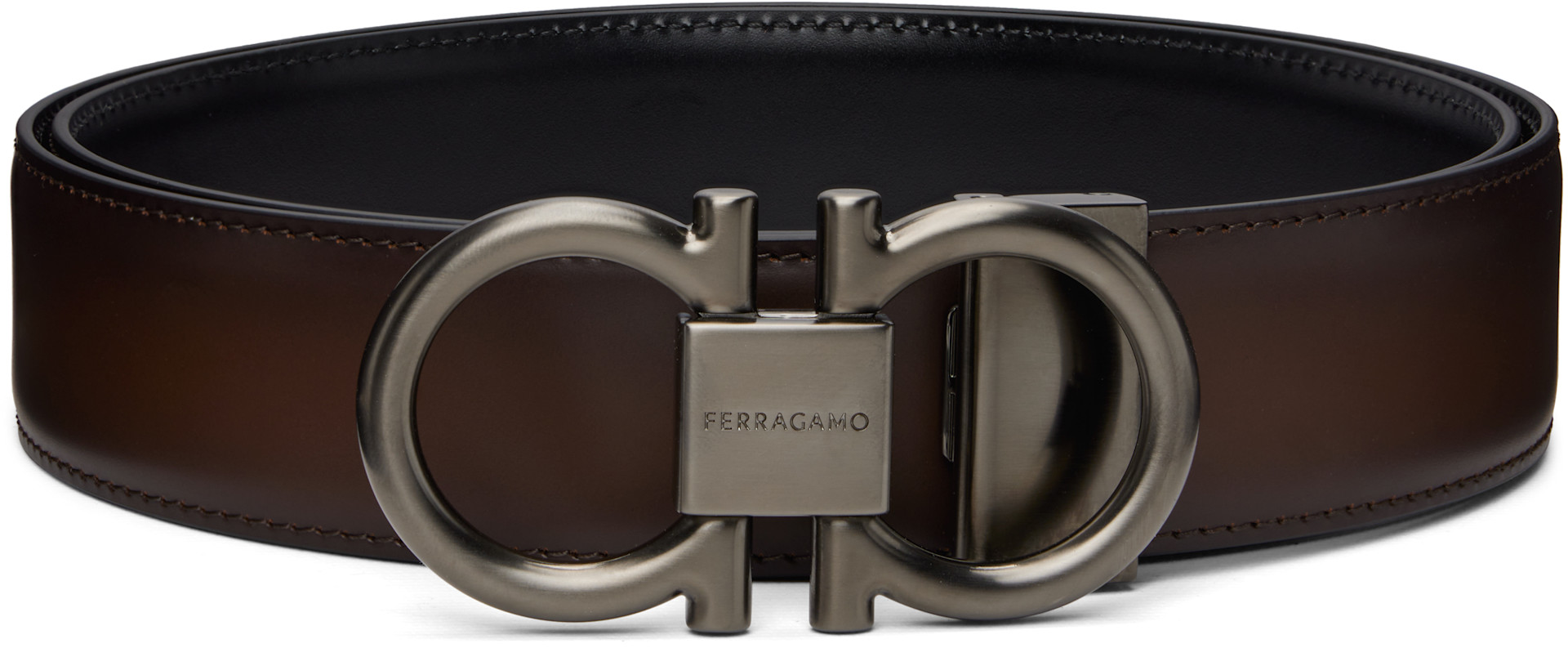 Salvatore Ferragamo ブラック&オリーブブラウン　レザーベルト Ferragamo: ブラウン＆ブラック Gancini アジャスタブル＆リバーシブル