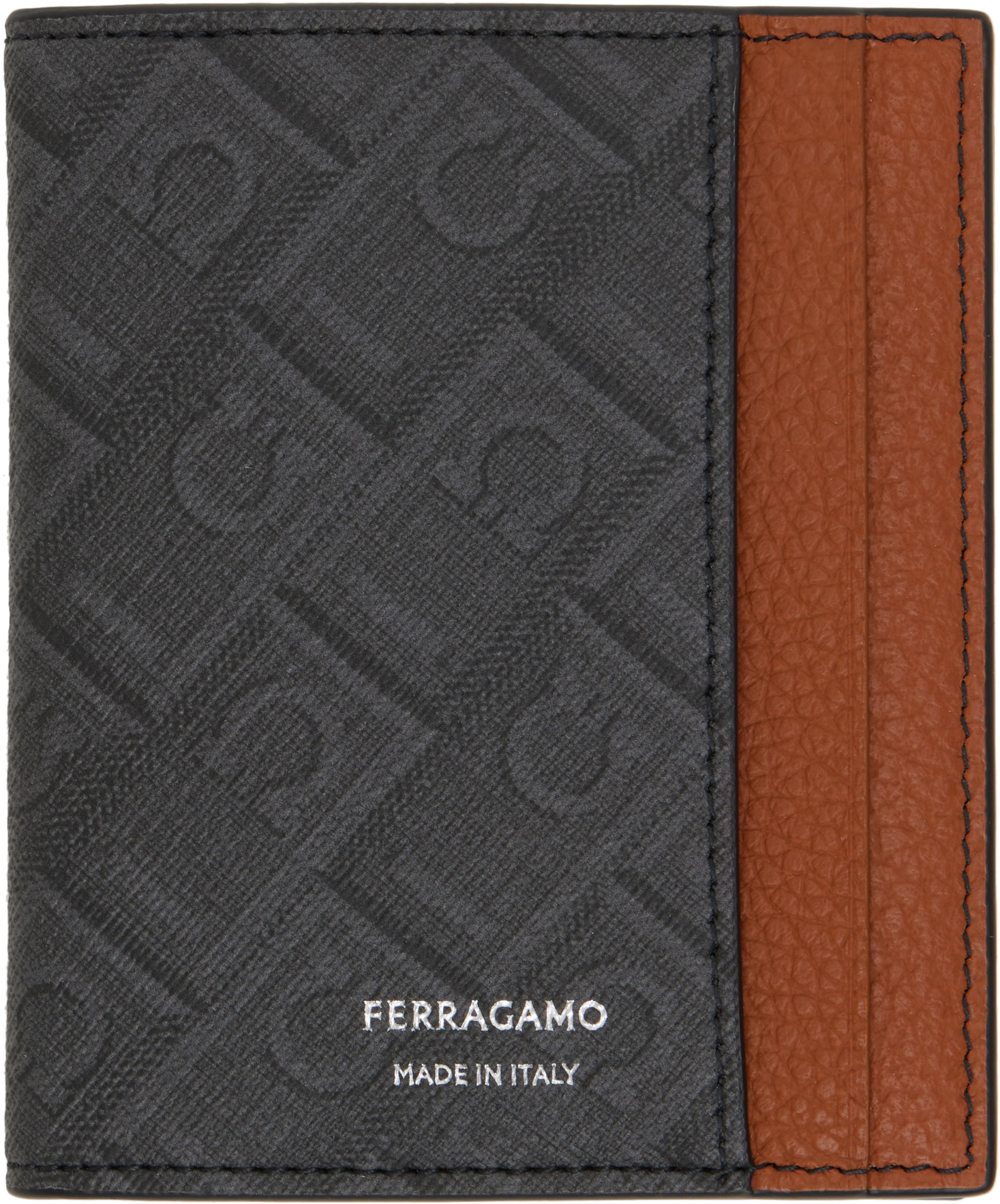 Ferragamo: グレー＆ブラウン モノグラム 二つ折りカードケース