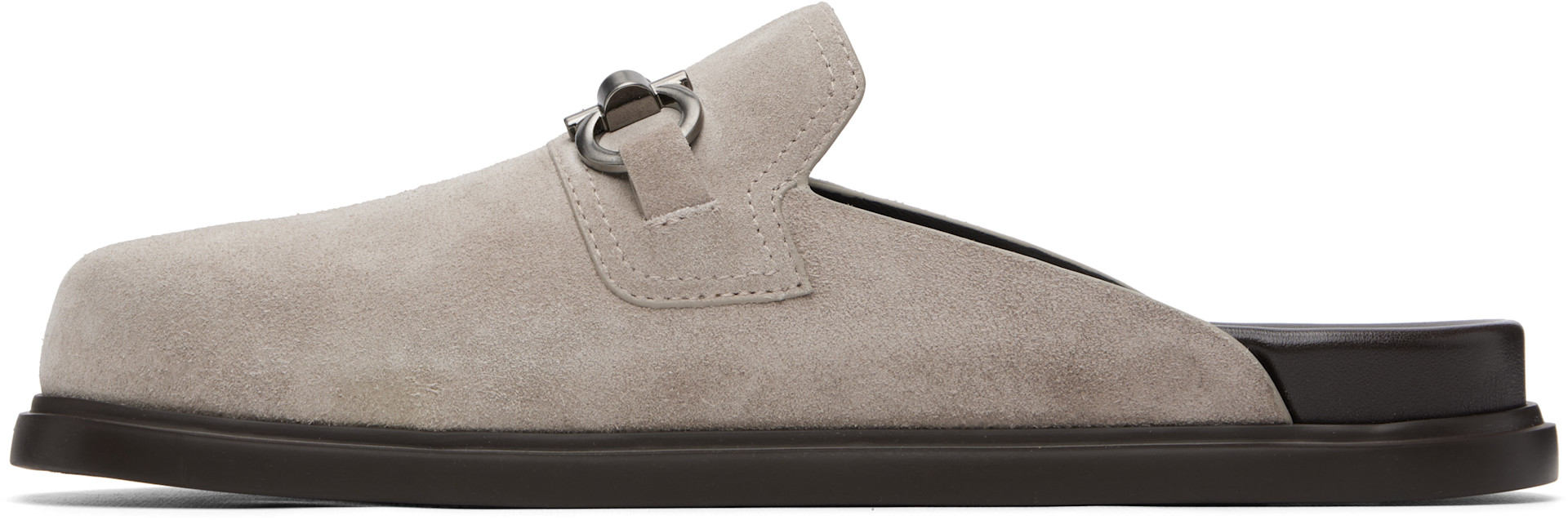 Ferragamo: Gray Gancini Ornament Mule Loafers | SSENSE