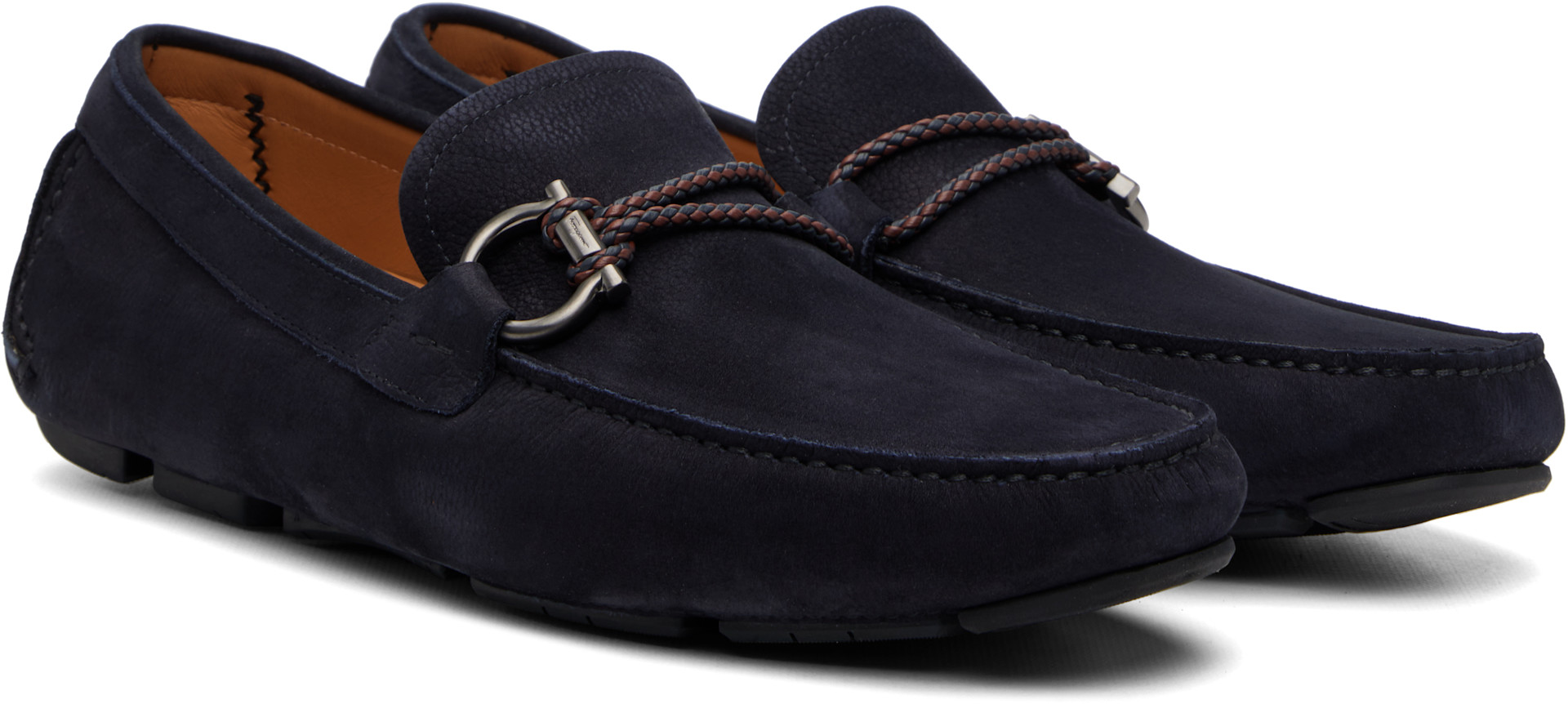 Ferragamo - Navy Gancini Ornament Driver Loafers