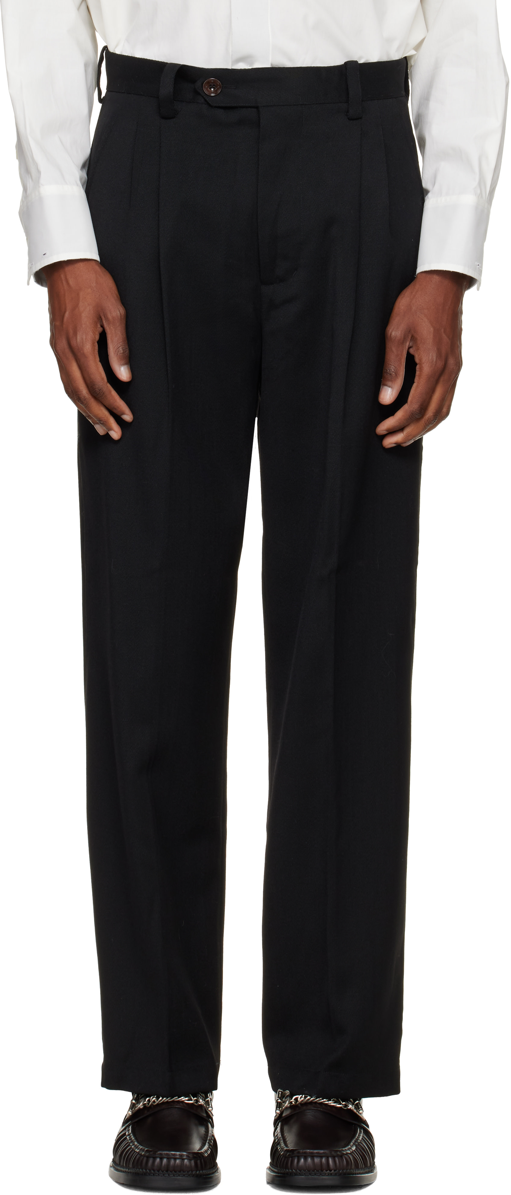 NULLUS - Black Woolen Layered Tapered Trousers