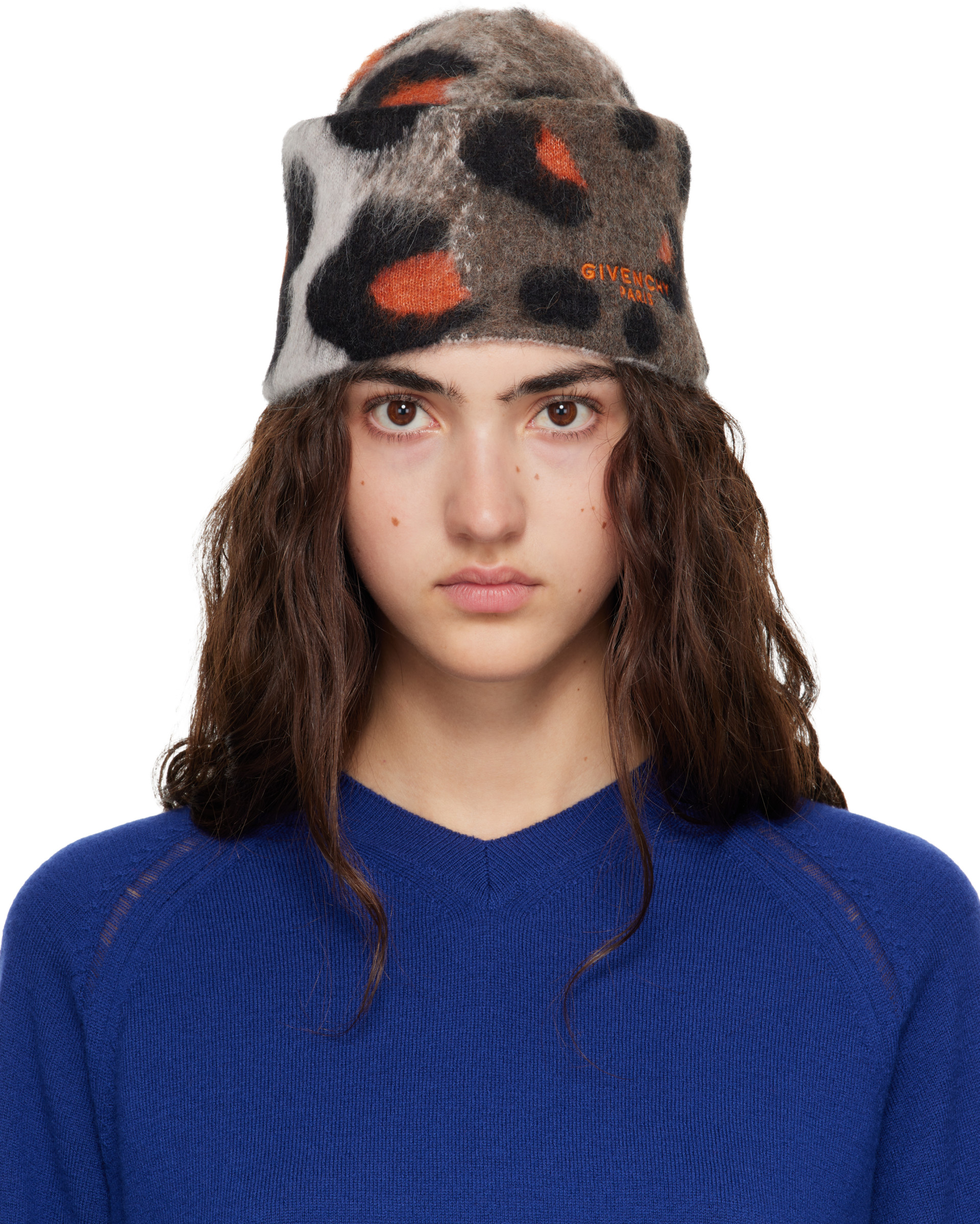 Givenchy - Bonnet taupe et orange à motif guépard